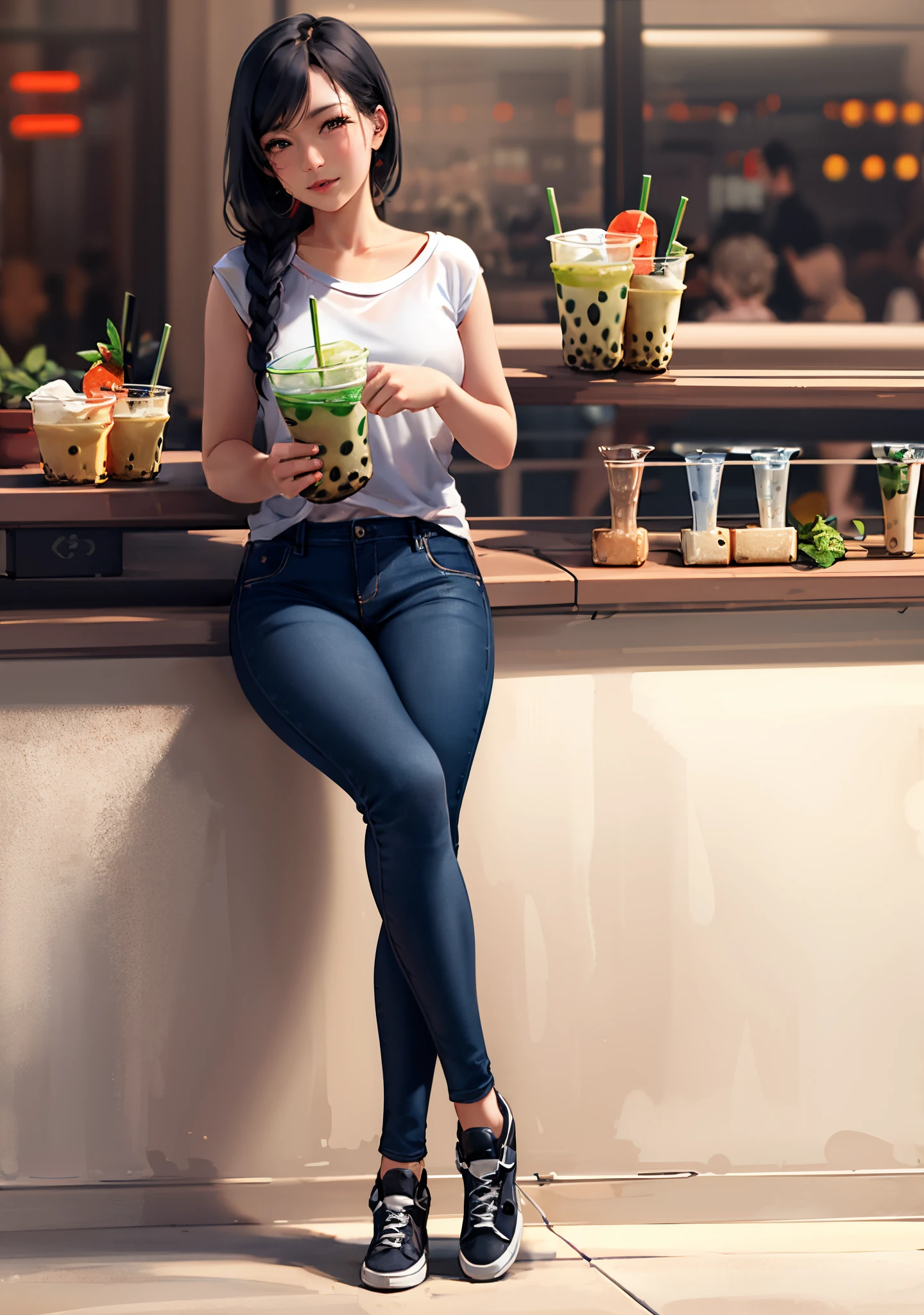Beautiful realistic high quality full-body girl drinking boba tea