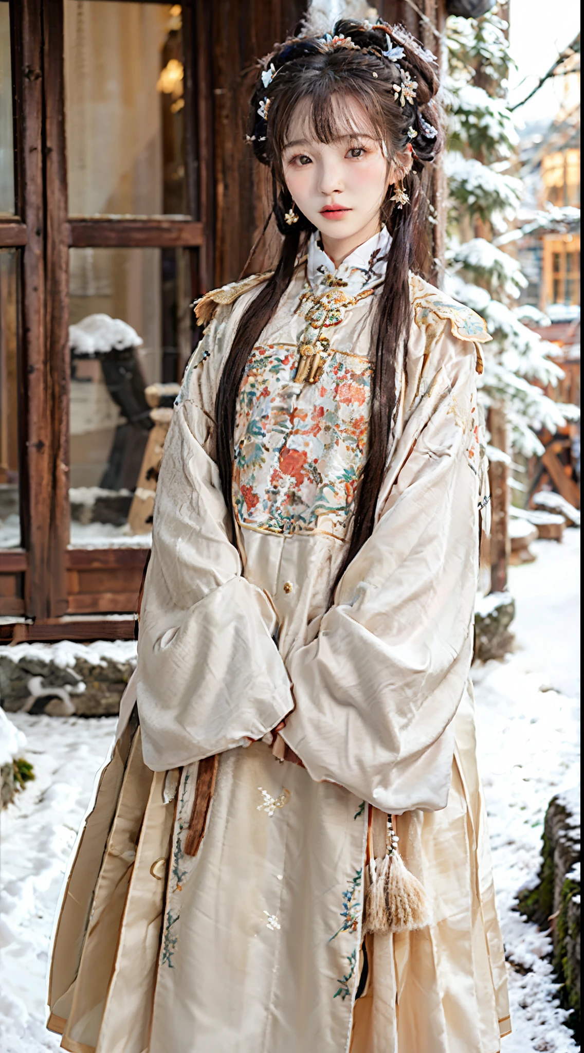 1 girl, bare_tree, brown_eyes, brown_hair, building, coat, cross_earrings, earrings, fur, fur trimmed_coat, fur_collar, fur_scarf, fur_trim, jewelry, lips, shorthair, looking_at_viewer, outdoors, snow, snow, solo, tree, upper_body, Winter, winter_clothes, detailed_eyes,Big breasts, arms close together, Chest facing camera, Big, Ears out, Golden ratio face, Golden ratio body, Best quality, Ultra high definition, Bangs