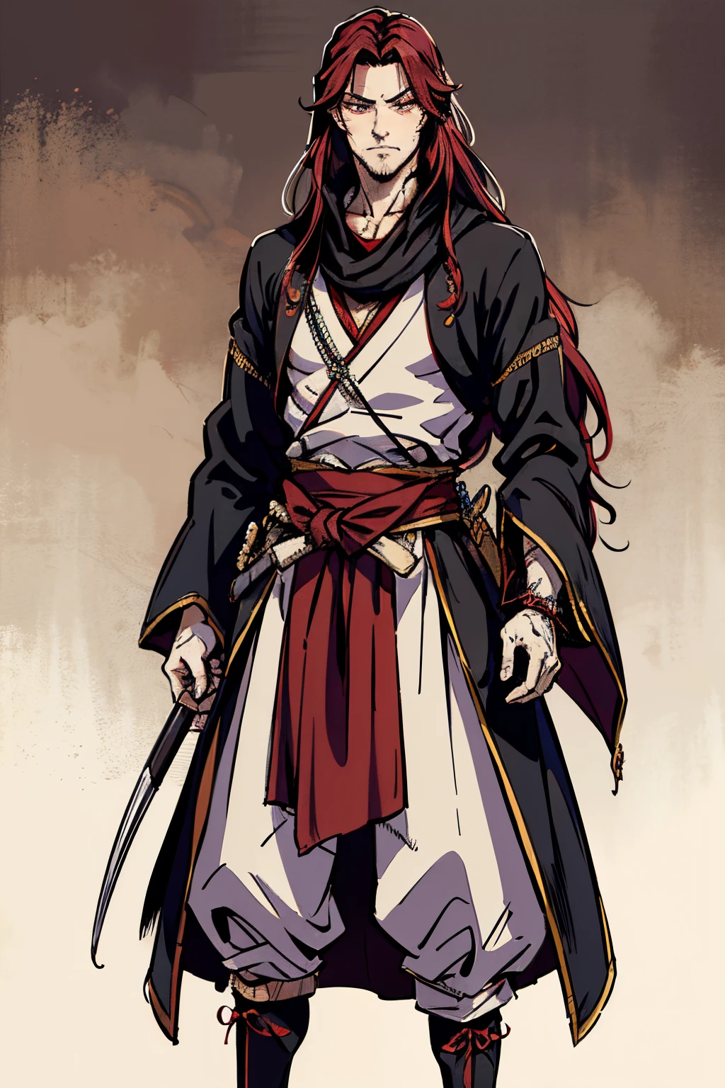 Best Quality, Masterpiece, Ultra High Resolution, musashi miyamoto, long red hair, renaissance attire, fancy clothing, nobility attire, handsome, manly, muscular, tall, covered in scars, vampire, pale white skin, fangs, vampiric, gothic, goth, standing in a medieval London town, long red scarf, detailed, long red hair, swept back hair, red hair(1.3)