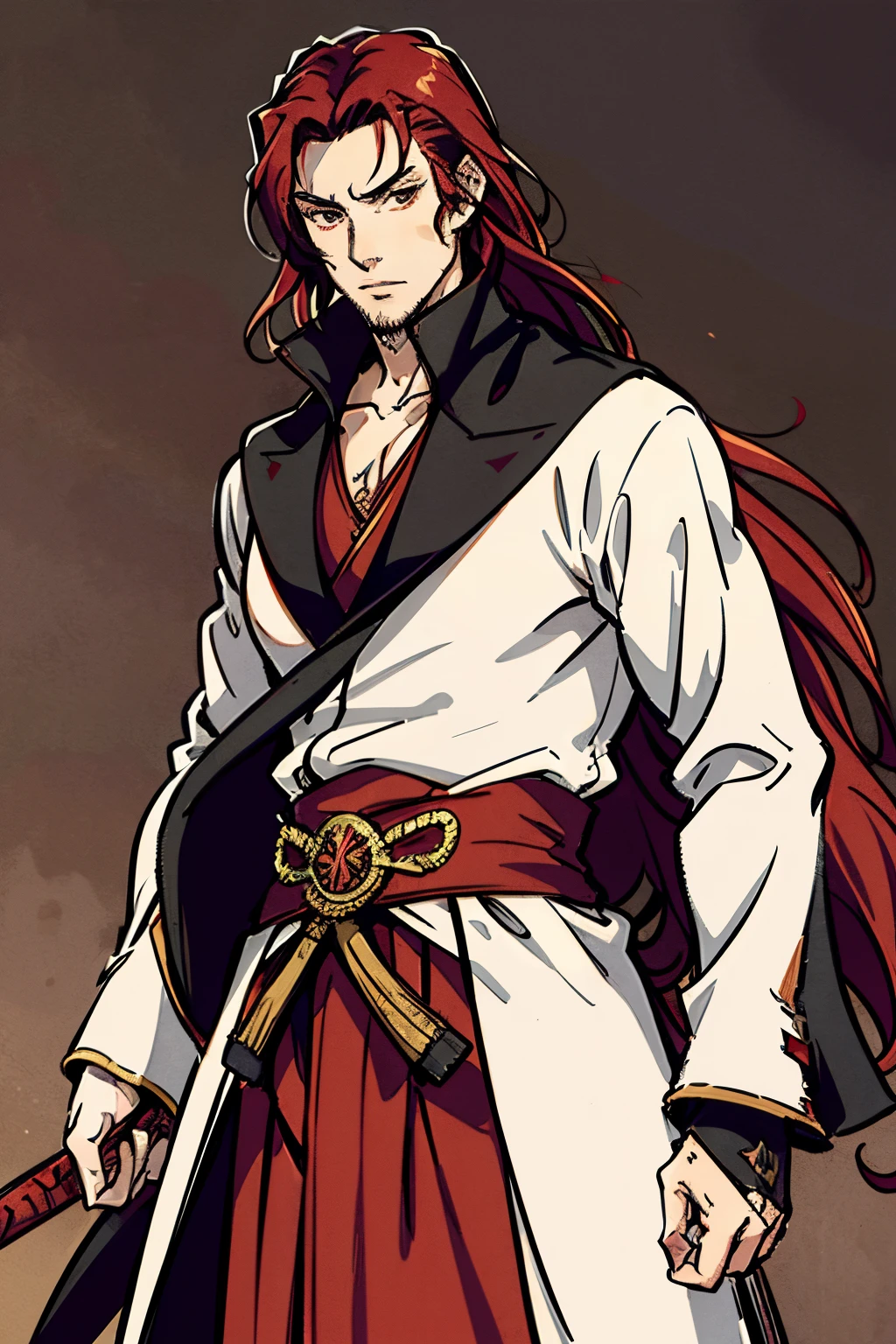 Best Quality, Masterpiece, Ultra High Resolution, musashi miyamoto, long red hair, renaissance attire, fancy clothing, nobility attire, handsome, manly, muscular, tall, covered in scars, vampire, pale white skin, fangs, vampiric, gothic, goth, standing in a medieval London town, long red scarf, detailed, long red hair, swept back hair, red hair(1.3)