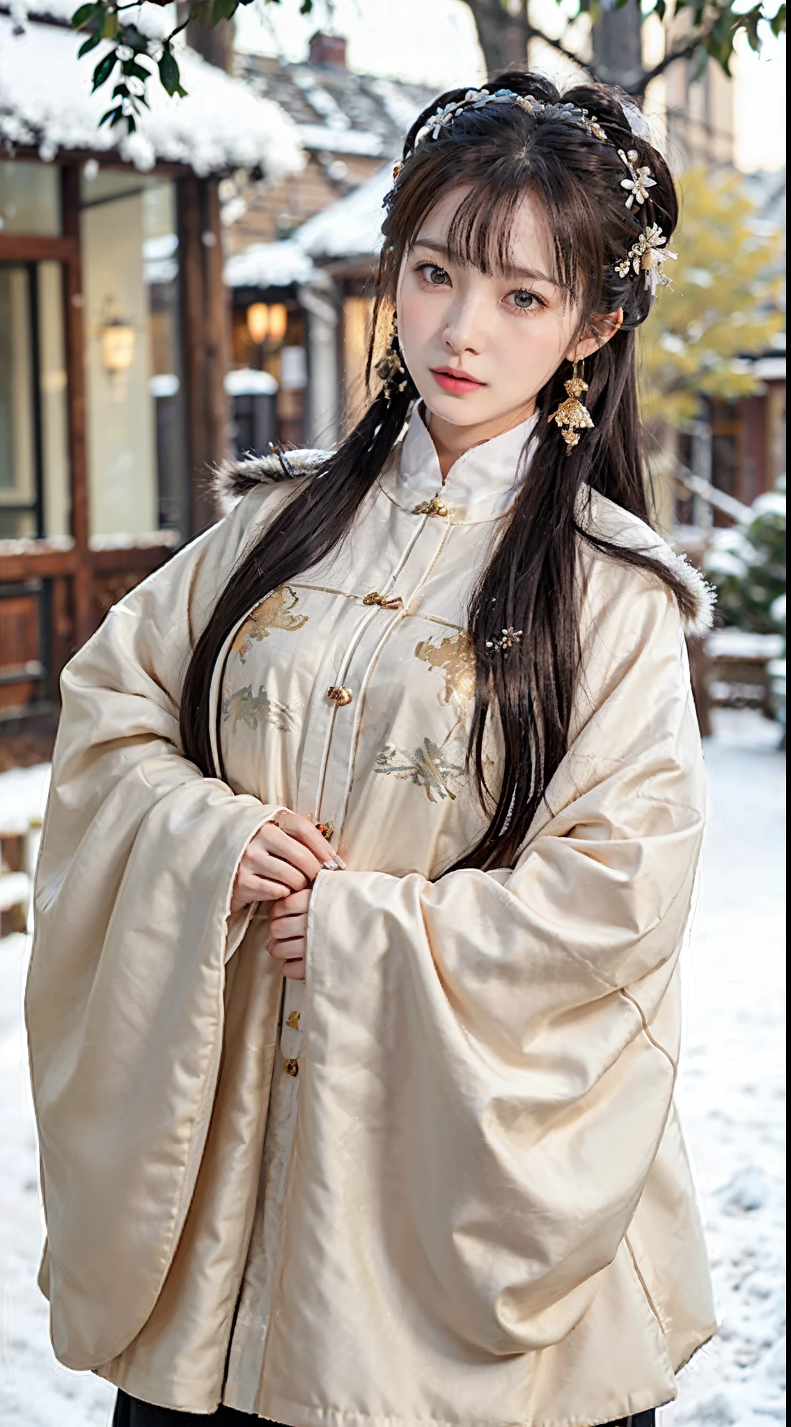 1 girl, bare_tree, brown_eyes, brown_hair, building, coat, cross_earrings, earrings, fur, fur trimmed_coat, fur_collar, fur_scarf, fur_trim, jewelry, lips, shorthair, looking_at_viewer, outdoors, snow, snow, solo, tree, upper_body, Winter, winter_clothes, detailed_eyes,Big breasts, arms close together, Chest facing camera, Big, Ears out, Golden ratio face, Golden ratio body, Best quality, Ultra high definition, Bangs