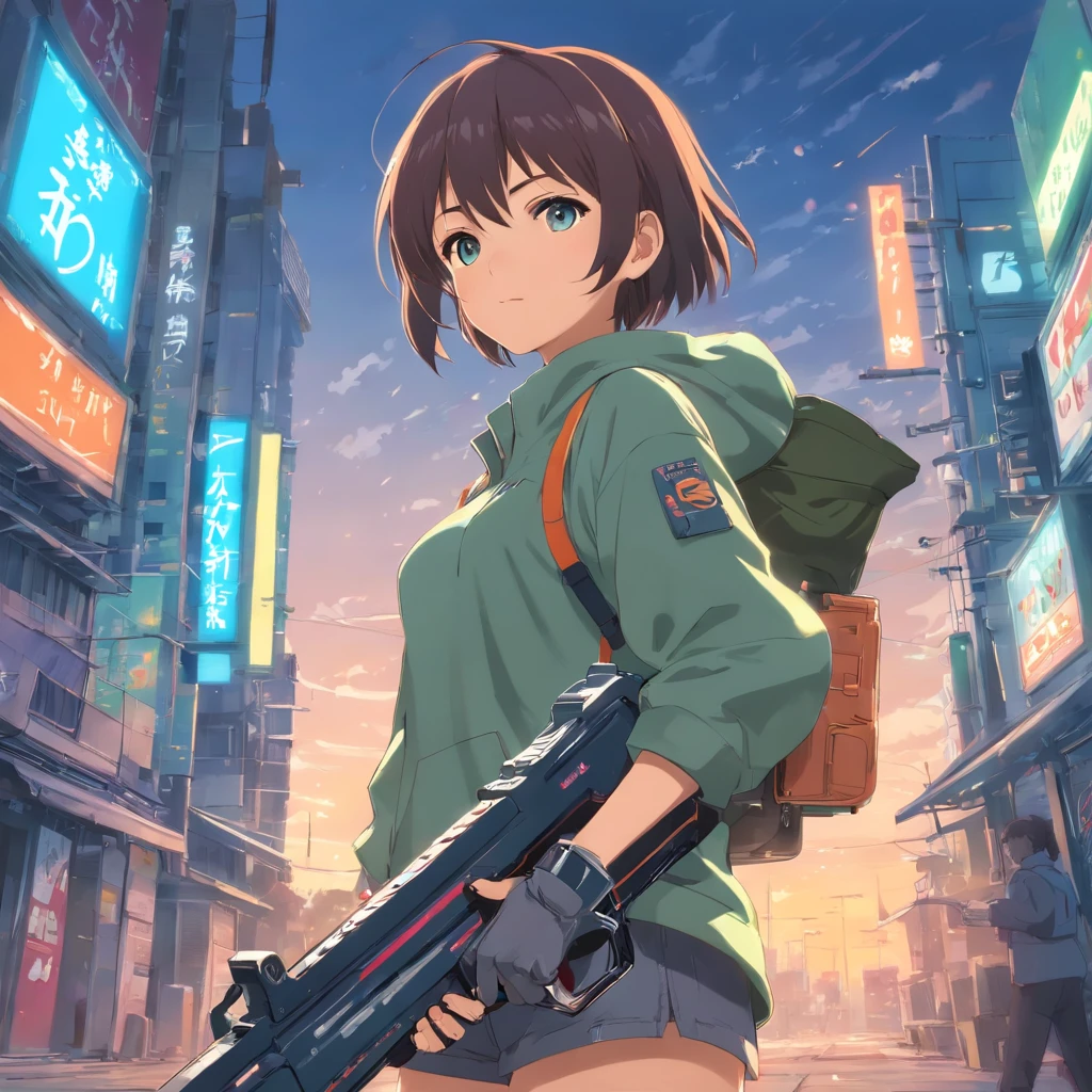 Anime girl with chainsaw and gun in hand, art cyberpunk par Shitao, Gagnant du concours pixiv, Art autodestructeur, Oppai Cyberpunk, Le, Heavy details, (SFW) safe for work, Apparence lourde, biomechanical oppai, Art of the giant, Anime badass 8 k, Construire le THIC, Very detailed giant plan