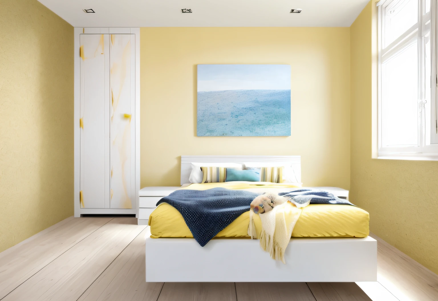 bedroom (light yellow wall), (white bed), painting on the headboard, wardrobe (blue)