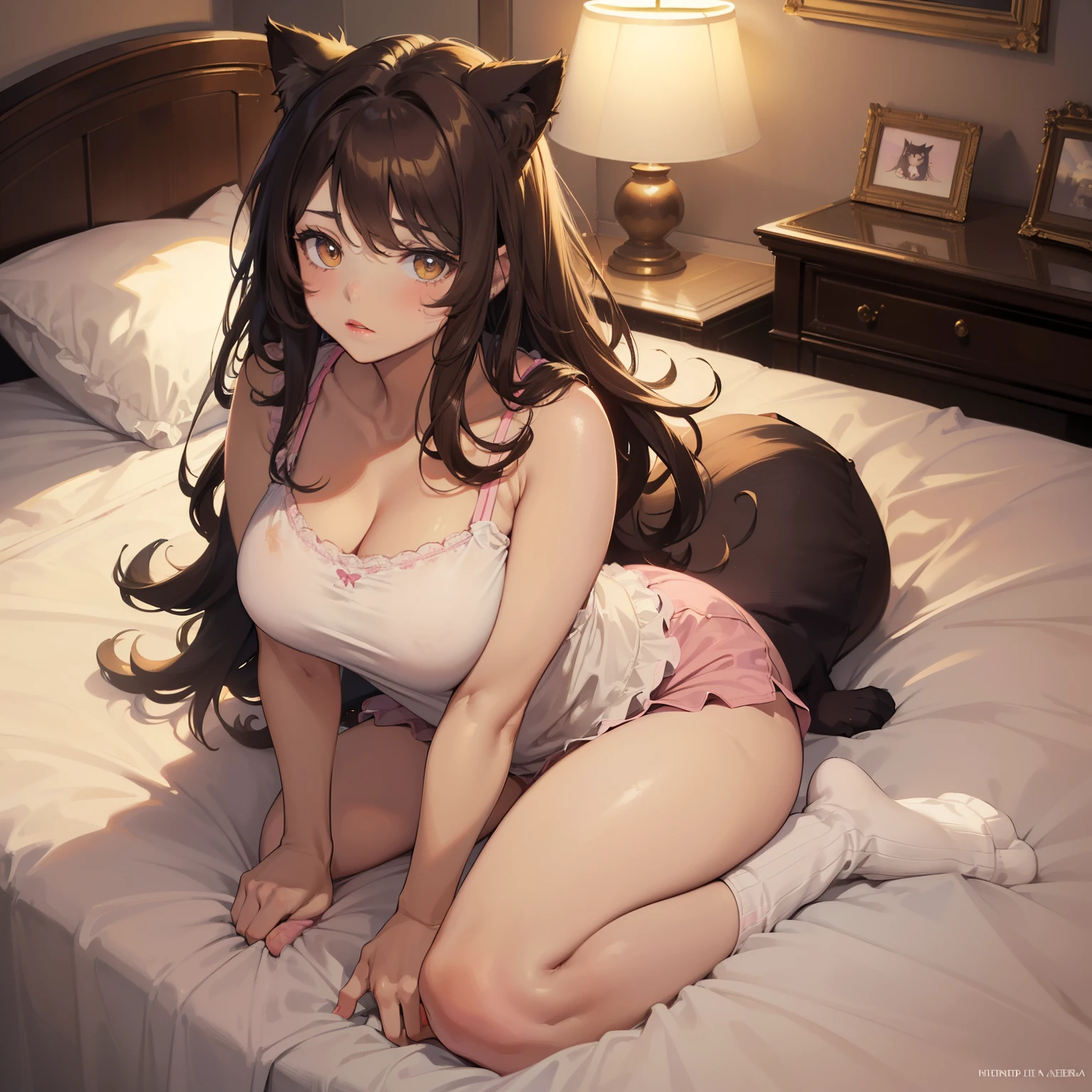 Masterpiece, best quality, ((((Solo)))), (Dark Brown haired girl with long layered messy hair), (((messy hair))), ((beautiful gold eyes)), detailed eyes, (beautiful eyes), (((curvy hips))) ((C Cups)), (mature face), ((chubby)), (pink pajama shorts), ((chubby)), (white tank top), (in her pajamas), ((cat ears)), ((laying in a bed)), (dark dimmed bedroom), (lamp on nightstand), ((cute decor)), ((laying down)), (((dark bedroom))), ((low dim lights)), ((sunset lights)), bored, crossing arms, ((socks)), (full body shot), (slightly above shot), (viewer is afar), ((full lips)), (bored), ((adult)), looking away from viewer, ((night time scenary)), ((tired)), getting ready to sleep