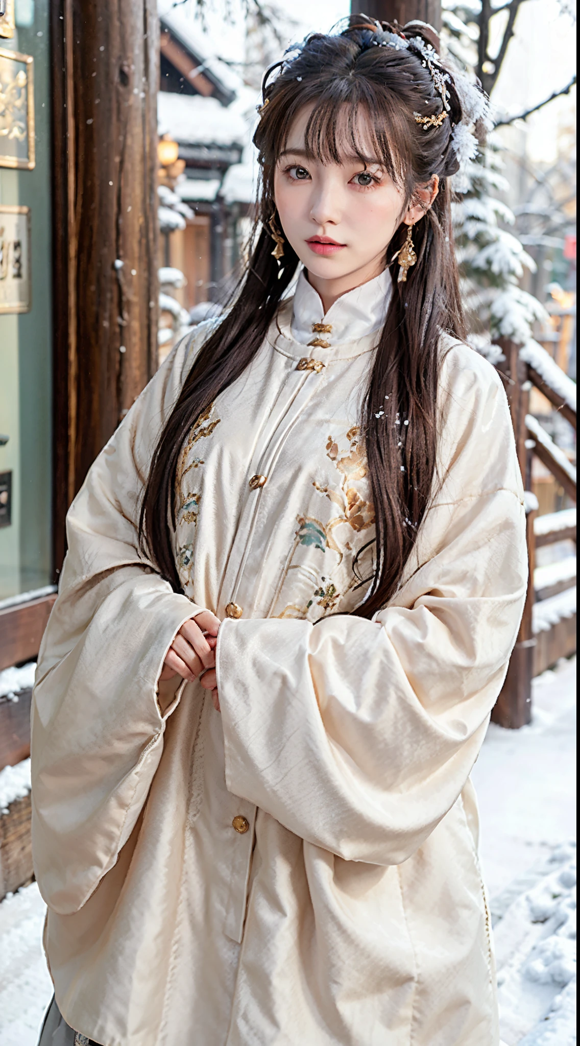 1 girl, bare_tree, brown_eyes, brown_hair, building, coat, cross_earrings, earrings, fur, fur trimmed_coat, fur_collar, fur_scarf, fur_trim, jewelry, lips, shorthair, looking_at_viewer, outdoors, snow, snow, solo, tree, upper_body, Winter, winter_clothes, detailed_eyes,Big breasts, arms close together, Chest facing camera, Big, Ears out, Golden ratio face, Golden ratio body, Best quality, Ultra high definition, Bangs