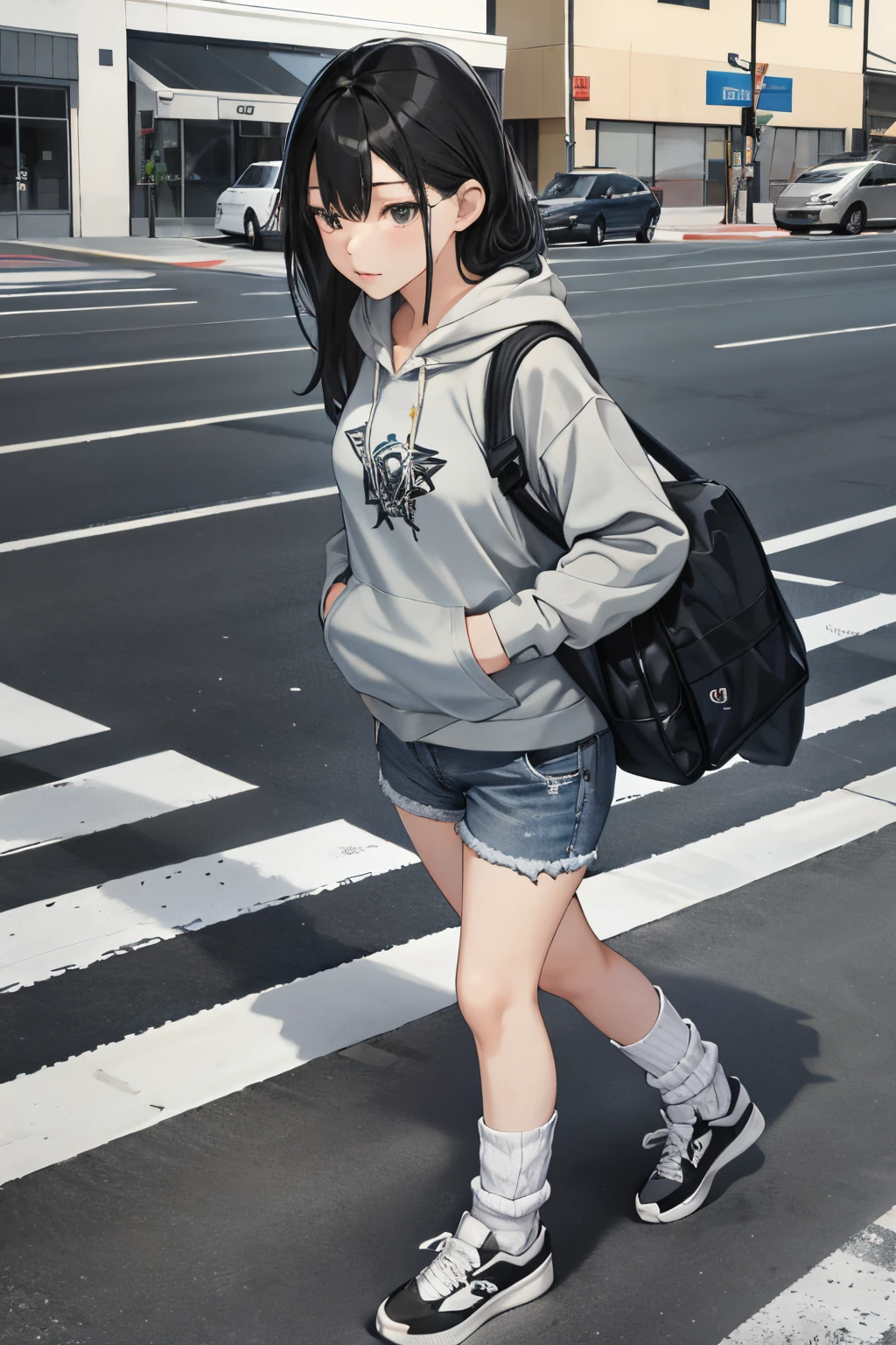 1人の女性(Women in Their 20s)，（​masterpiece，Highest Quality），caps、Gray hoodie，denim short pants，Bag，Loose socks、Black platform sneakers、A dark-haired，Walking at a pedestrian crossing