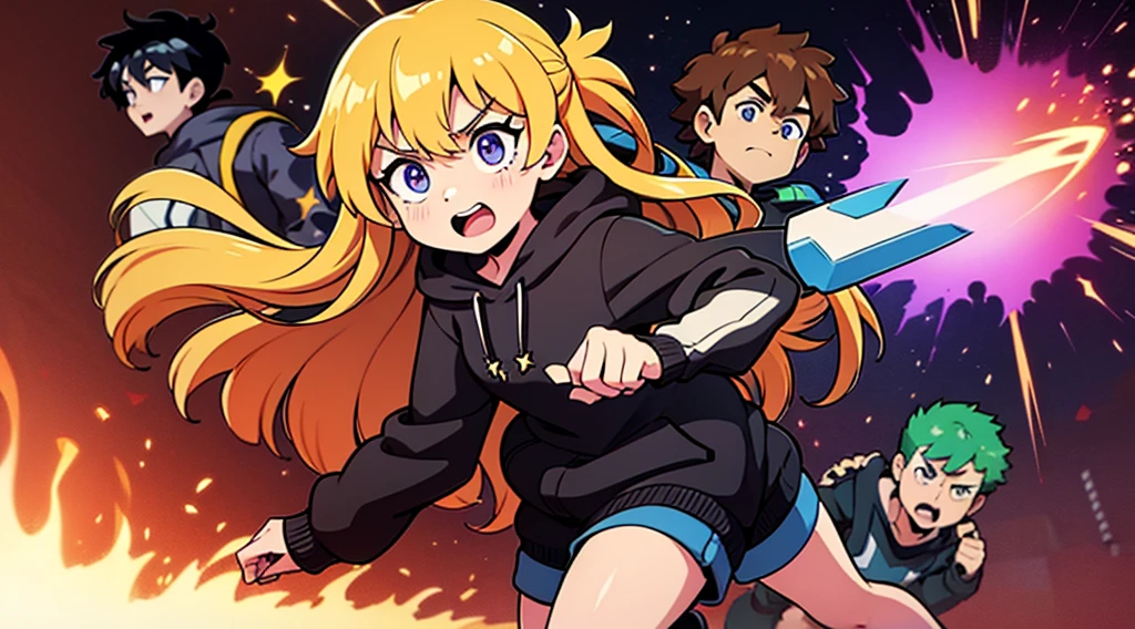 Vtuber sorprendido, hoodie negro, cabello negro con brillo morado, ojos con brillo de estrella, manos abiertas, fondo verde, efectos de manga, onomatopellas manga de explosion, war squad, risa, bullets, sparks, electric lights