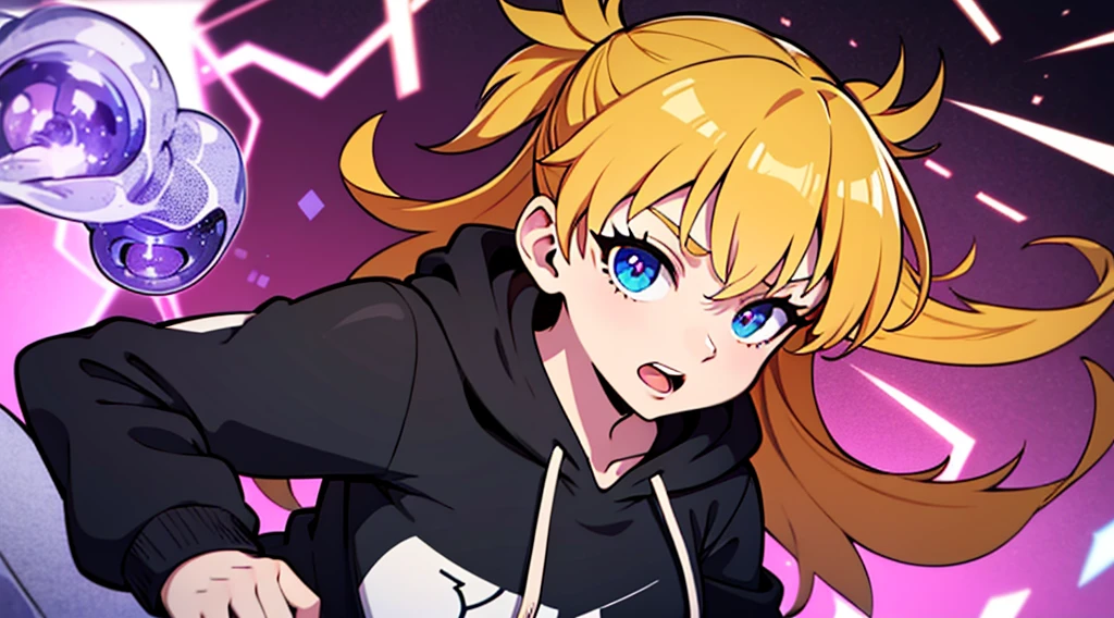 Vtuber sorprendido, hoodie negro, cabello negro con brillo morado, ojos con brillo de estrella, manos abiertas, fondo verde, efectos de manga, onomatopellas manga de explosion, war squad, risa, bullets, sparks, electric lights
