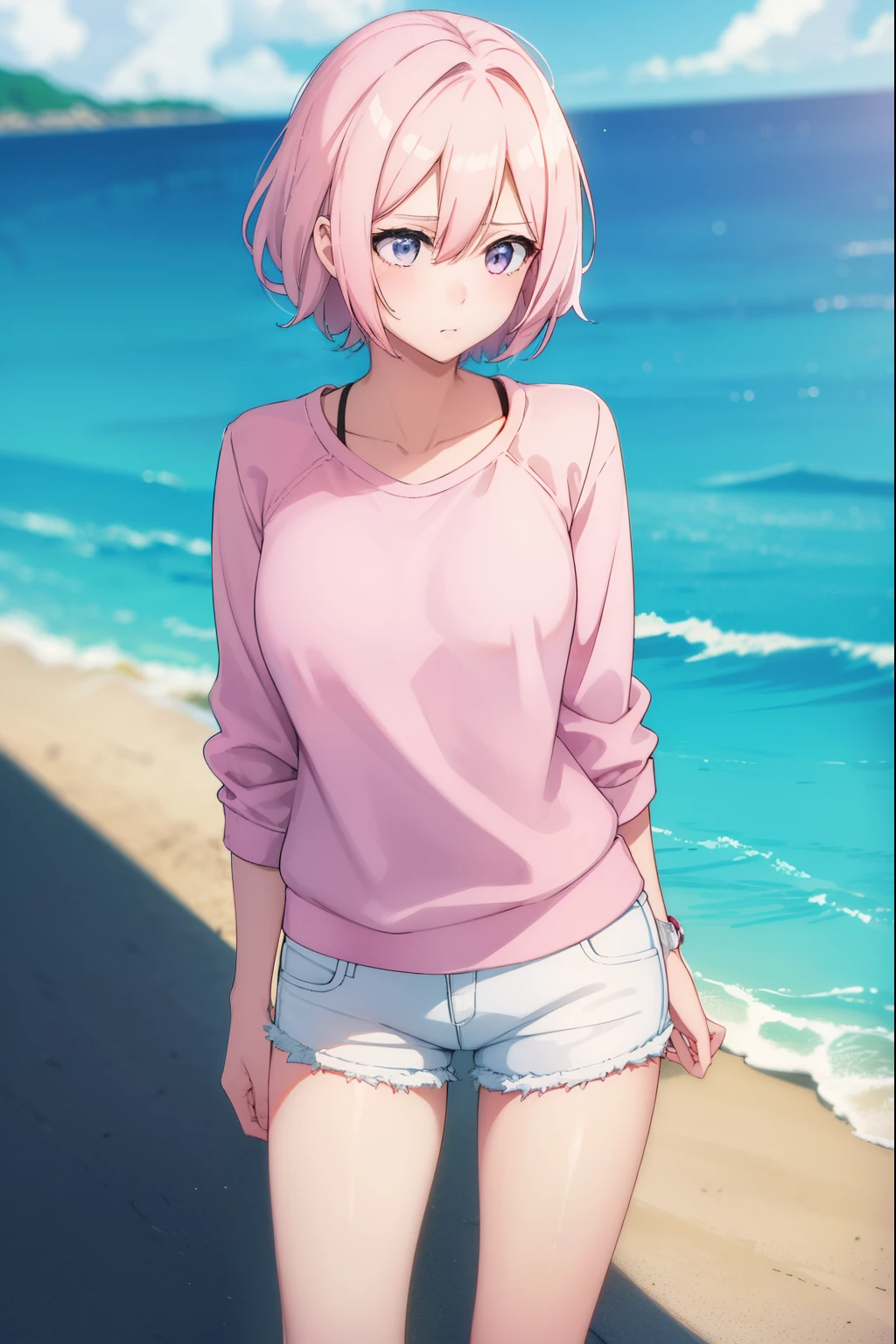 Cute girl, with sexy reddish-white skin,She is wearing a pink pullover, She wears short white, On an island, Women's white shorts