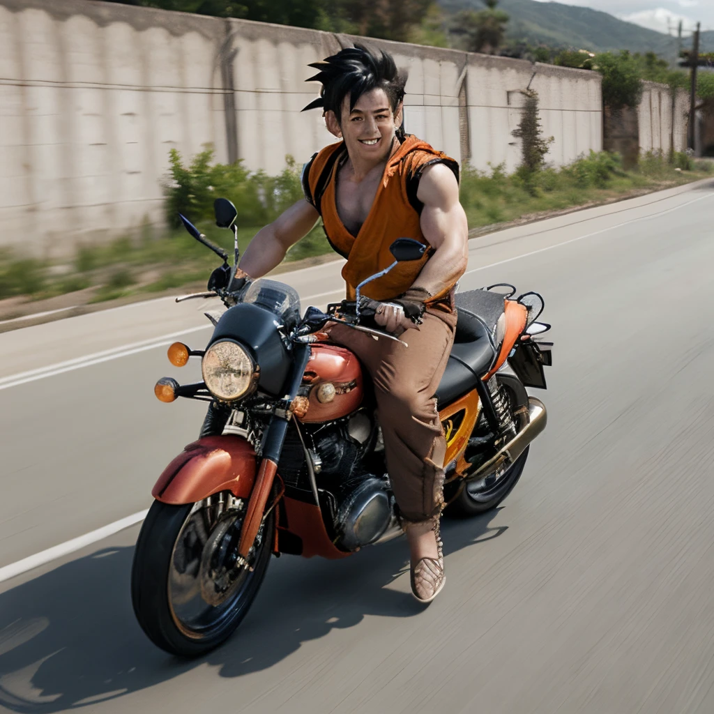Goku en una moto chaparra