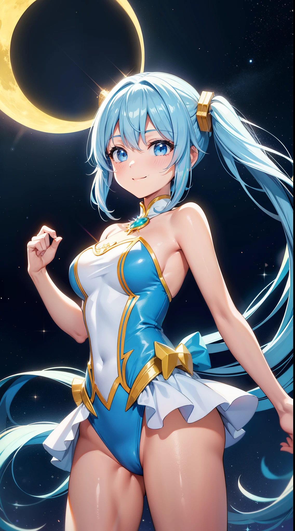 Super Idol　a beauty girl　A charming smile　sky blue hair　length hair　Twin-tailed　Bright yellow and white bright sexy leotard costume　Fantasia　constellation　a moon　Crystal Brilliance　Aurora Borealis in the Night Sky