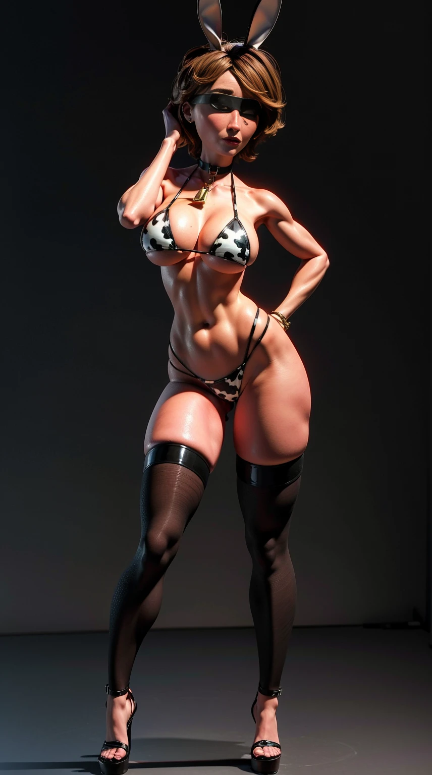 SFW Aunt Cass, standing straight symmetrical, full body, solo girl looking to the camera, blindfolded, cow bell choker, metal sandals, black , black  ears, black thigh highs, grey background