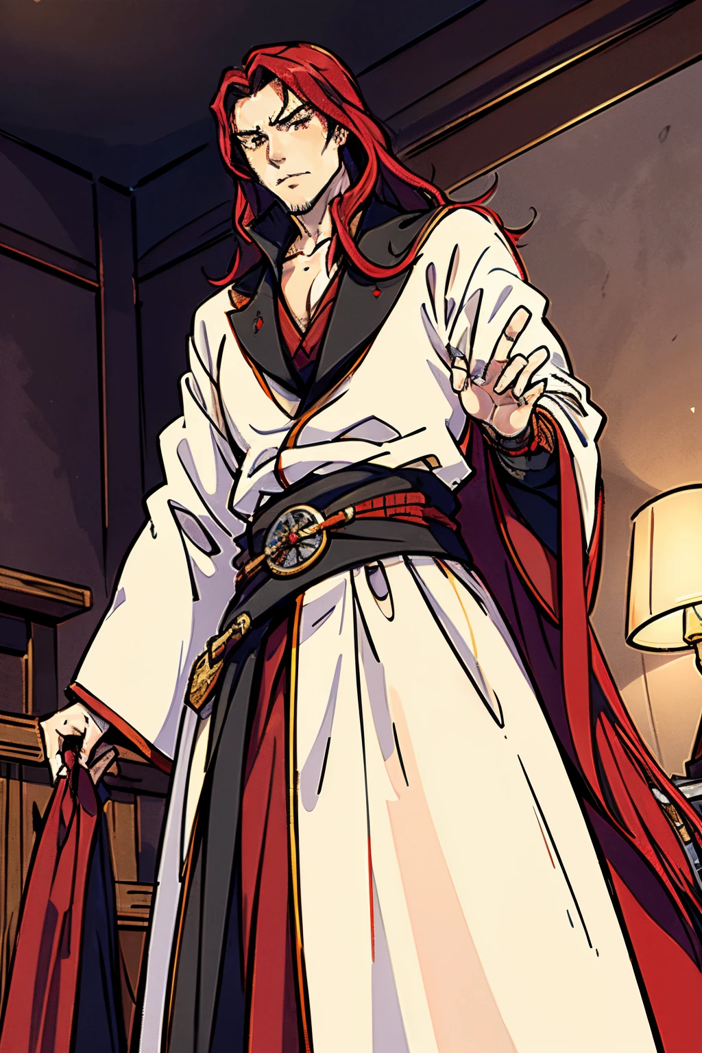 Best Quality, Masterpiece, Ultra High Resolution, musashi miyamoto, long red hair, renaissance attire, fancy clothing, nobility attire, handsome, manly, muscular, tall, covered in scars, vampire, pale white skin, fangs, vampiric, gothic, goth, standing in a medieval London town, long red scarf, detailed, long red hair, swept back hair, red hair(1.3)