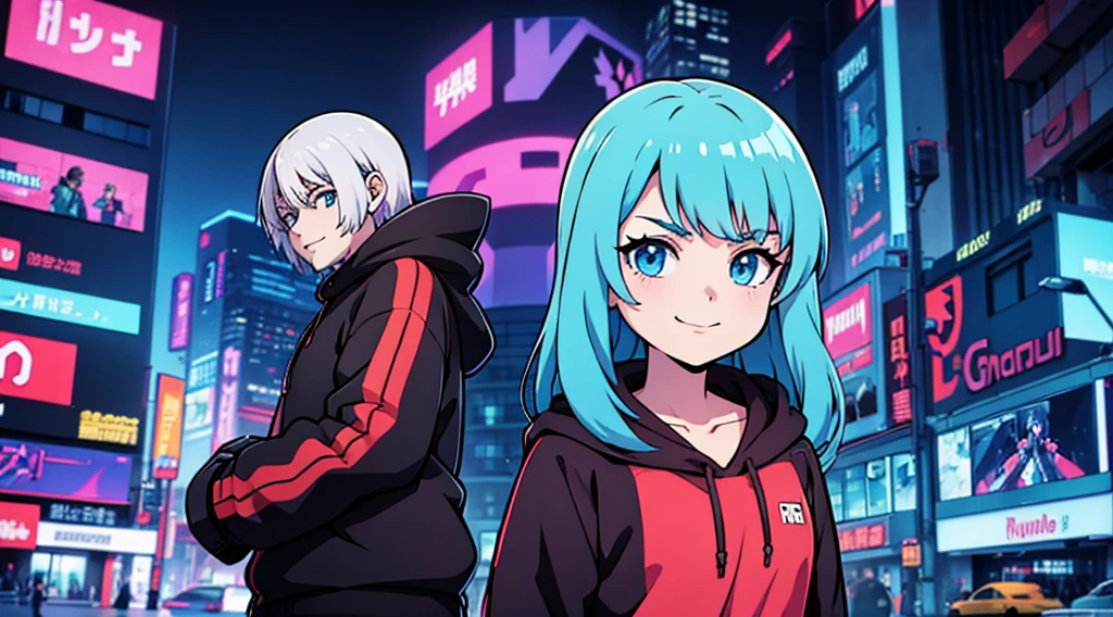 manga,anime, adolescente, hoddie, cyberpunk background, city, raylights, rumble lines, smile faces