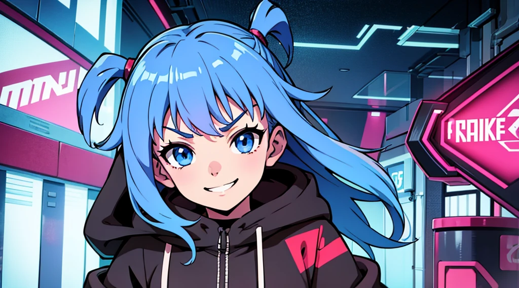 manga,anime, adolescente, hoddie, cyberpunk background, city, raylights, rumble lines, smile faces