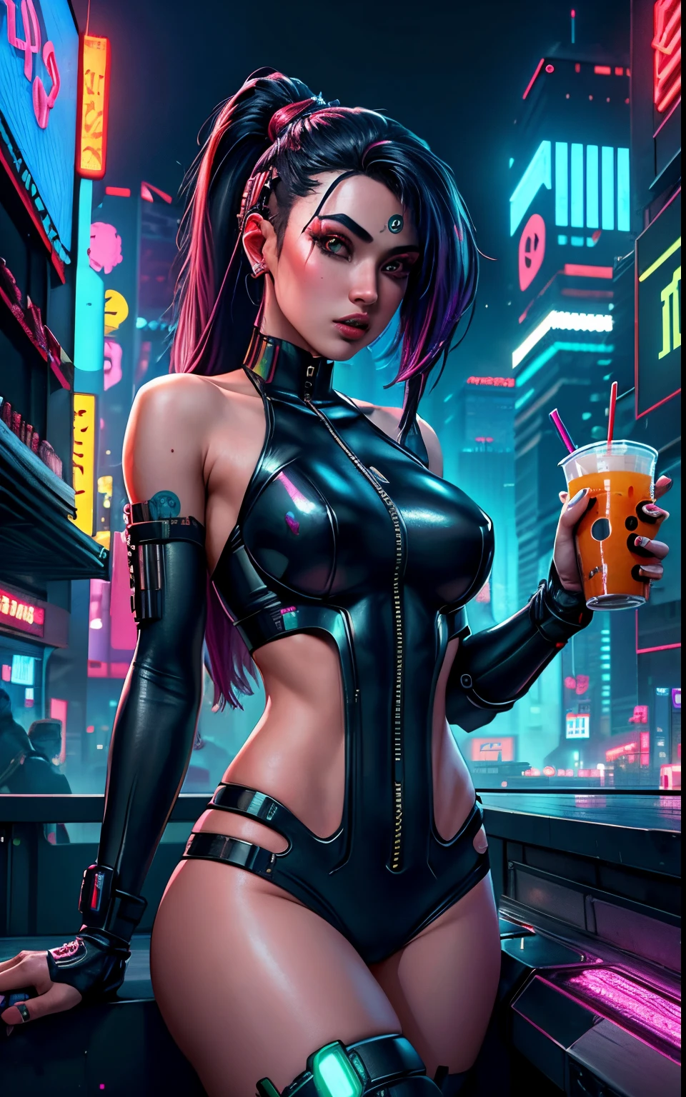 Very attractive cyberpunk girl drinking boba tea, garota nua, seios nus, pelada, imagem extremamente realista, Ultra Definition, 8k) imagem vista de cima, panoramic image.