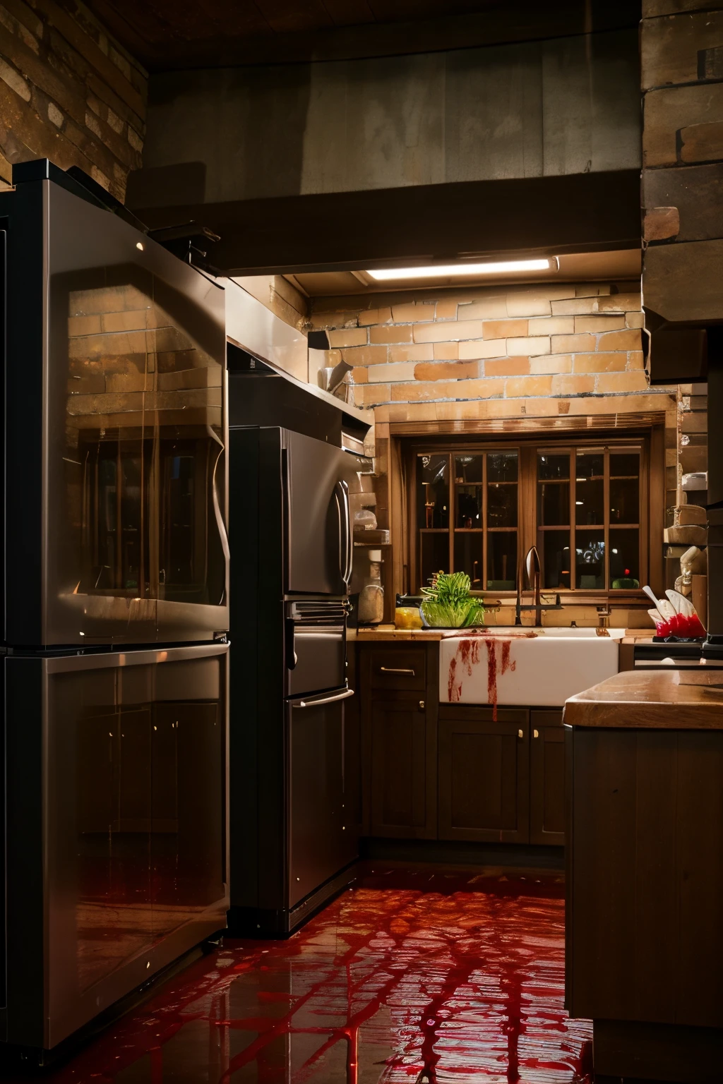 masterpiece, best quality, ultra-detailed, (bloody refrigerators:1.2), dripping blood, dark lighting, (dark kitchen:1.5),