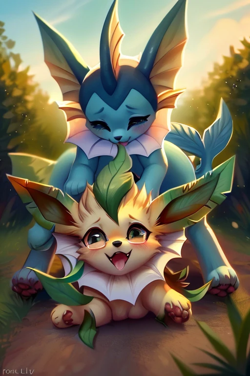 [by Foxlett],furry, Feral, Pokemon, Vaporeon and Leafeon, Long fluffy hair, glasses, Vaporeon with sky blue fur,Leafeon with mint green fur, glasses, Hazel eyes, embarrassed, average breasts, pussy, plump pussy, canine paws, paws for hands, short height, shortstack, crawling, heavy, collar, walkies, perk,Vaporeon sucking leafeon's dick,oral sex,Leafeon on hind legs,Vaporeon crawling while sucking Leafeon's canine penis