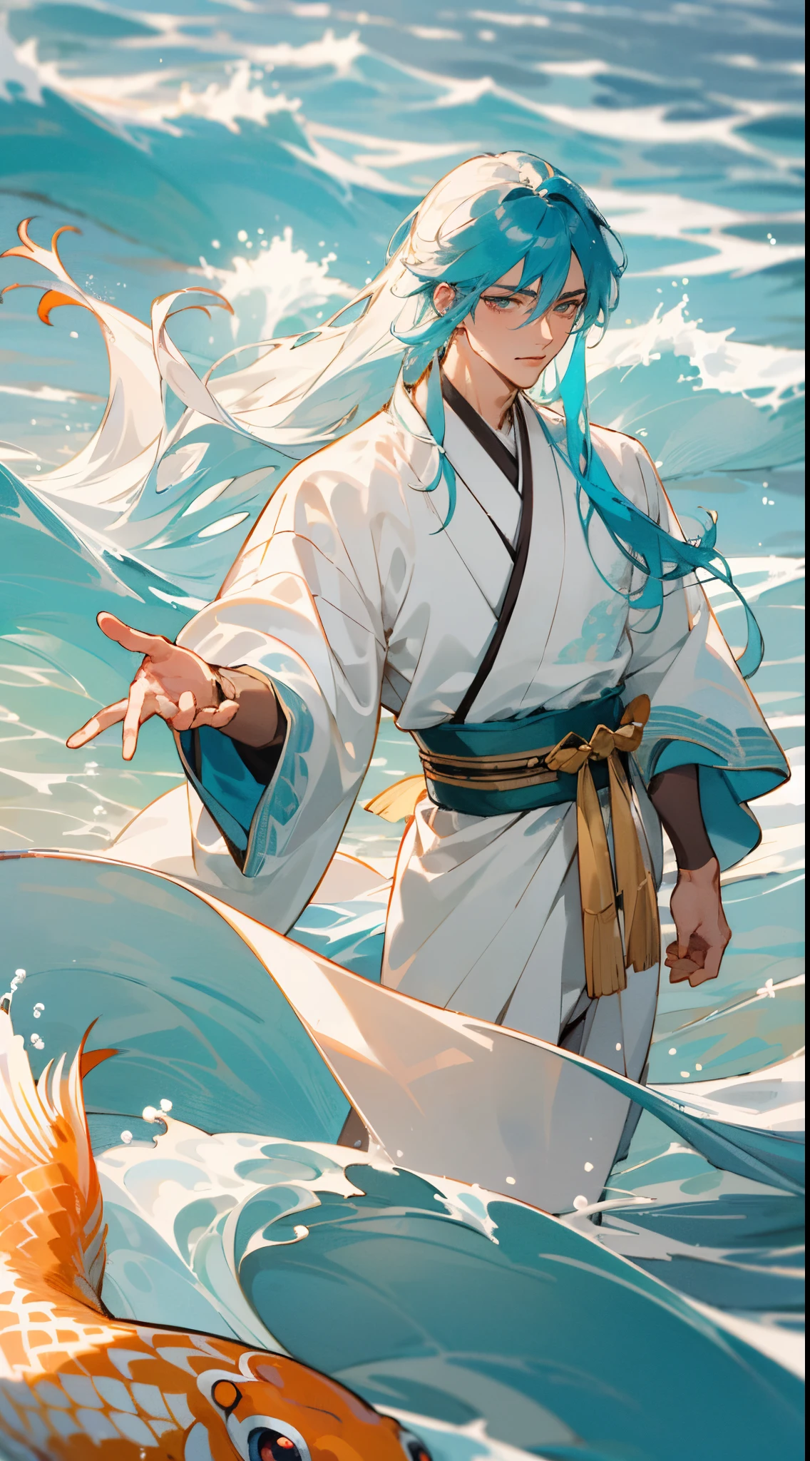 masterpiece, best quality, best quality, masterpiece, highres, focus, anime style, 1 young man, stuart from arena of valor, tall muscular, white kimono, god of water, bubbles, waves, water, hanfu, white long flowing hair, golden fish, turquoise eyes, blurred frame, close up