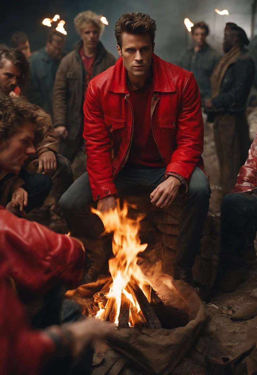 A photo of Tyler Durden leading a group of rebellious individuals, all wearing the iconic red jacket, gathering around a bonfire in an abandoned industrial yard,original,Visually, Tyler is depicted as the epitome of a certain rugged, careless coolness, with a chiseled physique, unkempt hair, and a devil-may-care attitude expressed through his disheveled yet somehow stylish clothing. He frequently sports a red leather jacket, flashy shirts, and a penchant for soap making, which serves as a metaphor for his ability to cleanse and rebuild the identities of his followers.