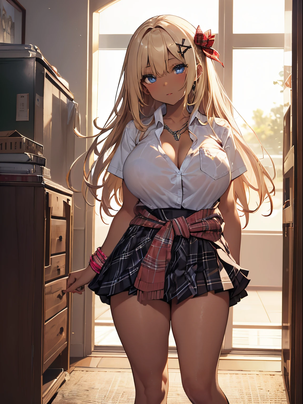 from above、Standing、full body、cleavage cutout,、:d、point your finger to your mouth、upturned eyes、(school uniforms:1.3), (white solid-color clothes around waist:1.5), (knot on waist:1.3), (white collared-shirt:1.4), ((white collar, unbutton, short sleeve):1.2), (red plaid-pattern pleated-skirt:1.3), ((necklace, colorful bracelet, X hair ornament):1.2), ultra-detailed、(8k, RAW photo, best quality, masterpiece:1.2), (extremely detailed 8k wallpaper),illustration、professional lighting,sharp focus, depth of field、 nsfw、clear eyes、perfect anatomia、girl with、 student、Black Gal(dark-skinned:1.2)、、Plump thighs、huge tit、(Focus on the chest:1.5),、Blue eyes、a blond、(makeup:1.1)、(Loose socks below the knee:1.2)、 shop