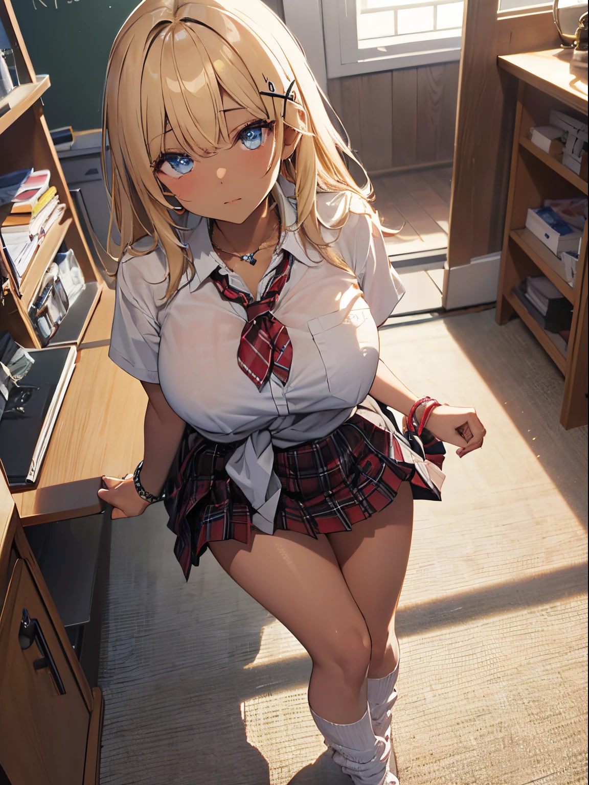 from above、Standing、full body、cleavage cutout,、:d、point your finger to your mouth、upturned eyes、(school uniforms:1.3), (white solid-color clothes around waist:1.5), (knot on waist:1.3), (white collared-shirt:1.4), ((white collar, unbutton, short sleeve):1.2), (red plaid-pattern pleated-skirt:1.3), ((necklace, colorful bracelet, X hair ornament):1.2), ultra-detailed、(8k, RAW photo, best quality, masterpiece:1.2), (extremely detailed 8k wallpaper),illustration、professional lighting,sharp focus, depth of field、 nsfw、clear eyes、perfect anatomia、girl with、15yo student、Black Gal(dark-skinned:1.2)、、Plump thighs、huge tit、（Focus on the chest：1.5）,、Blue eyes、a blond、(makeup:1.1)、(Loose socks below the knee:1.2)、 shop