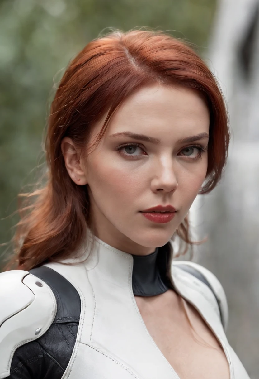Close-up of a woman with red hair in a white leather coat，Scarlett Johansson plays Black Widow in the Marvel Universe, in an urban setting, Super detailed, White Black Widow costume，Ultra-detailed Black Widow white costume, High-quality facial research, full bodyesbian, Competitive high quality, (Perfect body: 1.1), (Short wavy hair: 1.2), Whole body, Casual pose, Beautiful pose, (Extremely detailed CG 8k wallpaper), (Extremely delicate and beautiful), (Masterpiece), (Best quality: 1.0), (Ultra-high resolution: 1.0), Beautiful lighting, Perfect lighting, Realistic shadows, [high resolution], Detailed skin, Super detailed (((Colorful))), Digital art, metal gear solid concept art, full body concept art, Expert concept art with high detail, concept-art，Such as Ernest Khalimov, fps game concept art, concept-art, craig mullins style, Video game concept art, 4K