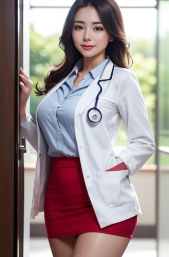 Aishwarya rai as doctor, red satin suit with white shirt, high boots, massive cleavage, open shirt, unbuttoned shirt, glasses, high ponytail, posing in terrace, day scene, breasts visible show, 90% breasts popping out, hourglass figure, massive breasts, nipple slip, fit, seductive face, look at camera and laugh, erotic adult face, 40 yo, soft volumetric lights, intricate details, (ArtStation:1.2)