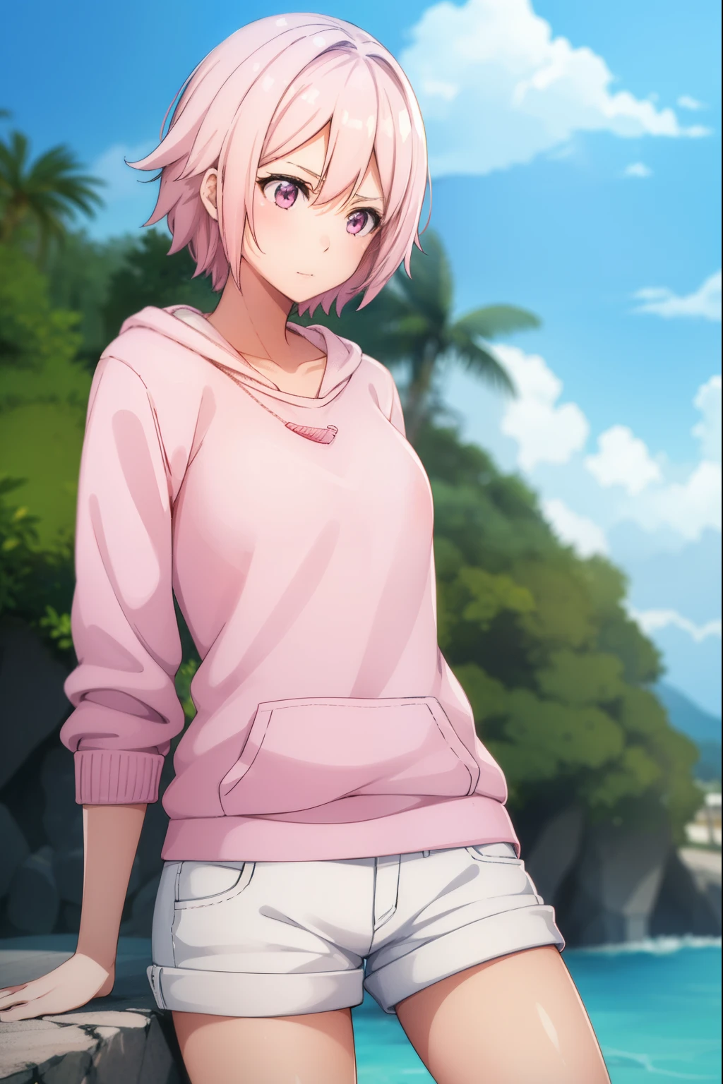 Cute girl, with sexy reddish-white skin,She is wearing a pink pullover, She wears short white, On an island, Women's white shorts