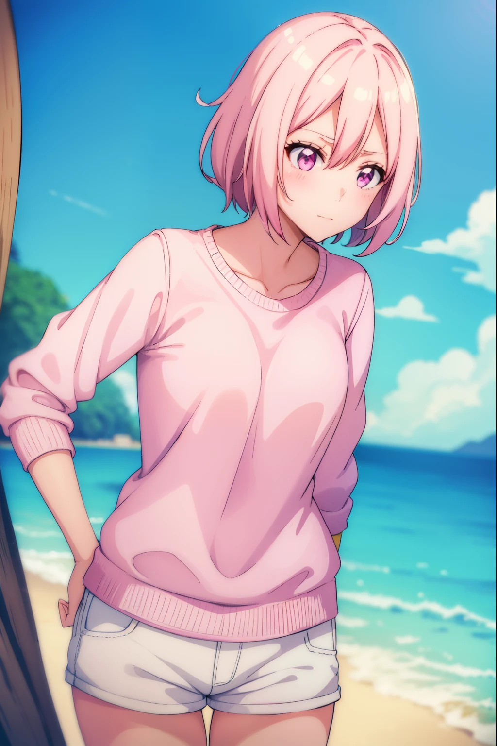 Cute girl, with sexy reddish-white skin,She is wearing a pink pullover, She wears short white, On an island, Women's white shorts