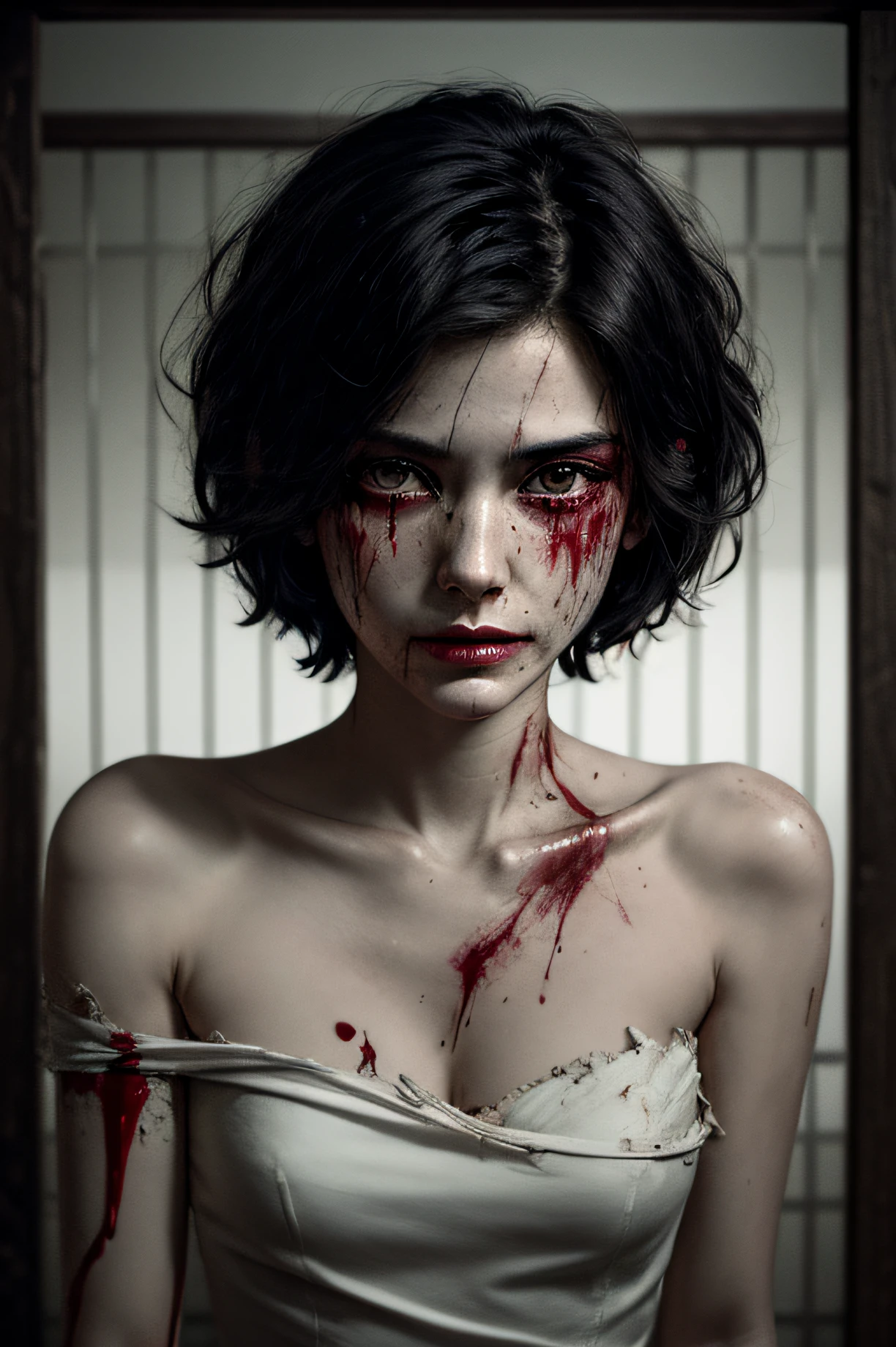 corpse, sinister, female, thin, pale, looking at the camera, ultra realistic, fully detailed, cemetery environment, bright eyes, white dress torn and stained with blood, bones exposed, putrid wounds, sensual, terrifying, bruised by the body, exposed fracture in the collarbone, slight smile, super detailed, black short hair, wounds, blood,
