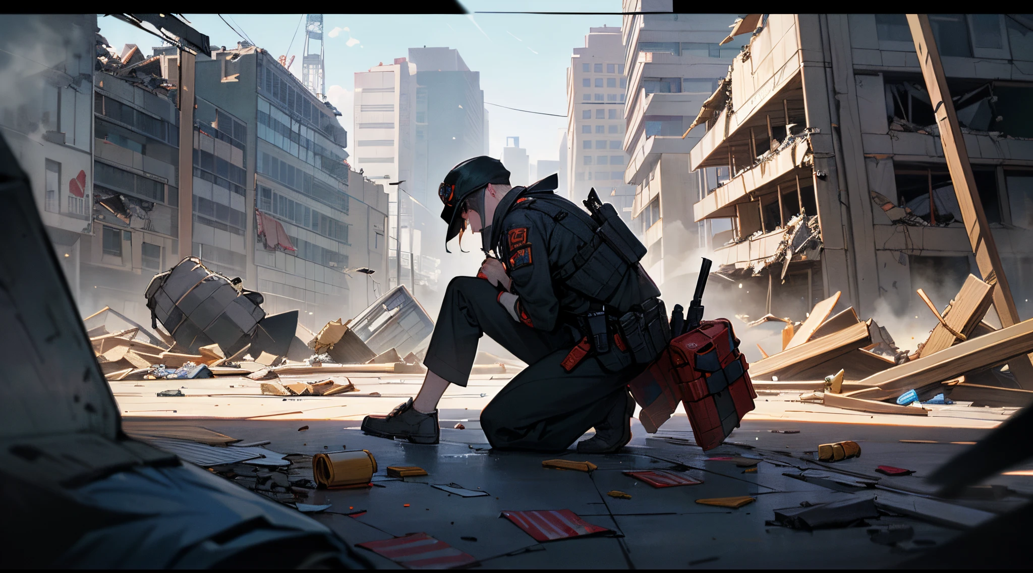 Create a scene where a character is dying due to gunfire in a demolished building, holding a bomb detonator