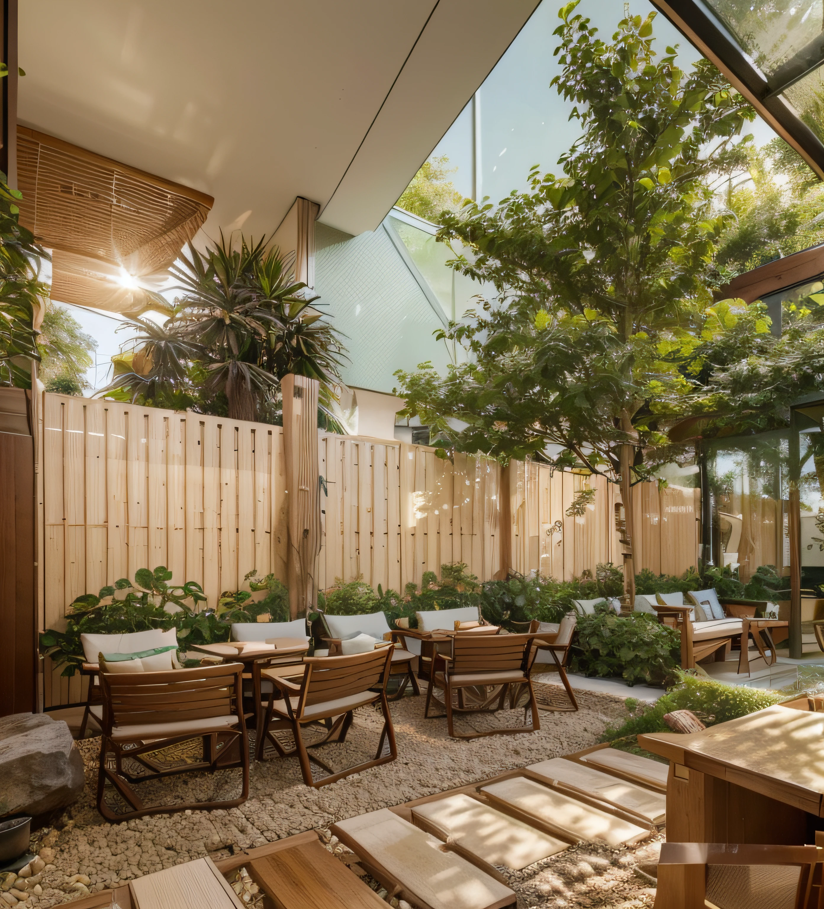 Open Architecture and Connection with Nature: Large Glass Windows and Wide Openings: Utilize large glass doors and wide windows to maximize natural light and create a sense of closeness to the surrounding environment. Interior Garden: The majority of the indoor space is either opened up or offers views of an interior garden, featuring greenery, plants, bonsai trees as focal points, establishing a serene and tranquil atmosphere. Outdoor Seating Area: Possibly include outdoor seating arrangements with lush green landscapes, providing a comfortable and relaxing outdoor seating space. Colors and Materials: Natural Color Palette: Mainly use natural hues like white, beige, light brown, and soft gray to evoke warmth and a connection to nature. Natural Wood: Employ various natural wood materials such as oak, pine, or laminated wood to form the foundation for the interior, creating a warm and welcoming ambiance. Other Natural Materials: Incorporate stones, tiles, ceramics, or mosaic tiles to add accents and complement the green space with plants and grass. Furniture and Decor: Simple and Minimalist Furnishings: Furniture designed in a minimalist style with slender lines, allowing ample space between tables to optimize the area and create a sense of openness. Natural Decorative Lighting: Utilize naturally designed decorative lights, such as bamboo ceiling fixtures, wooden table lamps, or soft, gentle lighting to establish a warm ambiance. Subtle Decoration: Decorative items like wall-hung bamboo paintings, natural fabric panels featuring natural scenery, or other small decorative pieces showcasing a fusion of Japanese and Scandinavian culture. Service Area and Menu: Barista Counter and Service Area: Simple design for the barista counter using wood or natural materials, possibly adorned with greenery to create focal points. Diverse Menu: Offer a variety of beverages including traditional Japanese tea, Vietnamese-style drip coffee, specialty drinks, accompanied by light pastrie