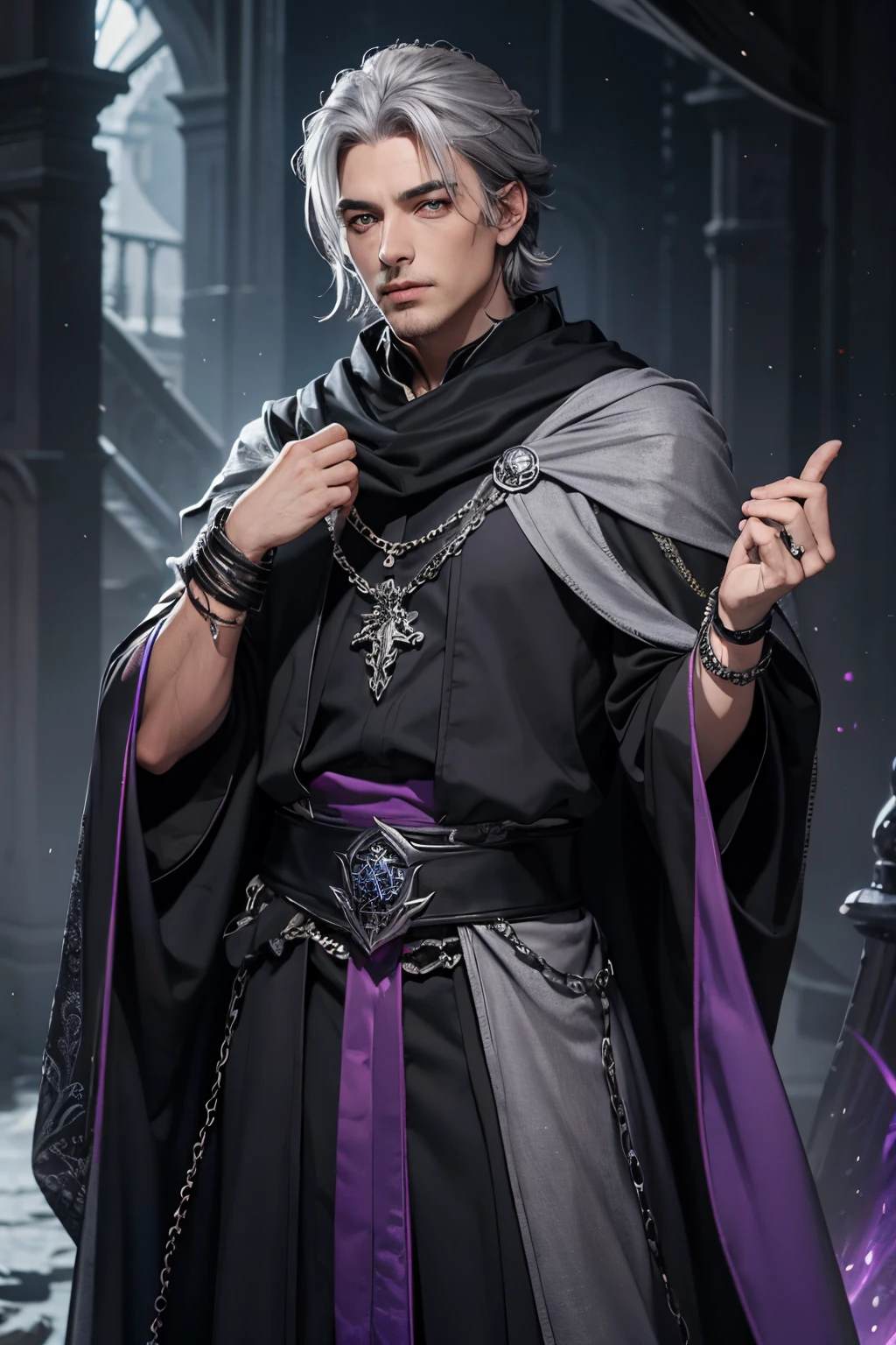 Male dark wizard,grey hair,dark violet eye,bracelet jewel violet,black shoulder cloak,dark grey costume black line