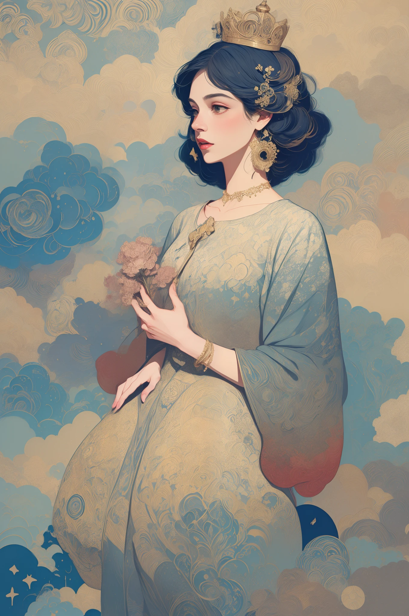 paint a decorative painting，a beautiful teen-aged girl，There are many paintings around，（Decorative painting：1.6）Elaborate Eyes，delicated face，With a crown，Delicate earrings，simple backgound，flowers in full bloom，A sea of flowers，（tangled，datura，Tangles，entangled）， (s fractal art: 1.3)，divinelight，gold foil，Gold leaf art，Flash drawing，simple backgound，Upper part of the body，