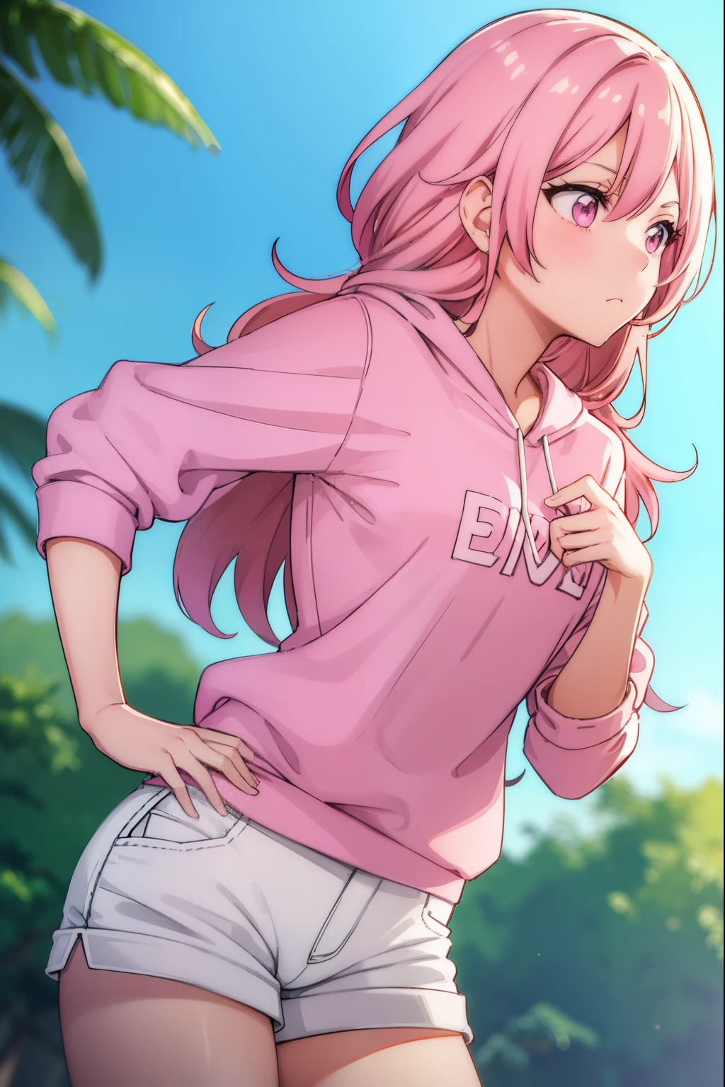 Cute girl, with sexy reddish-white skin,She is wearing a pink pullover, She wears short white, On an island, Women's white shorts