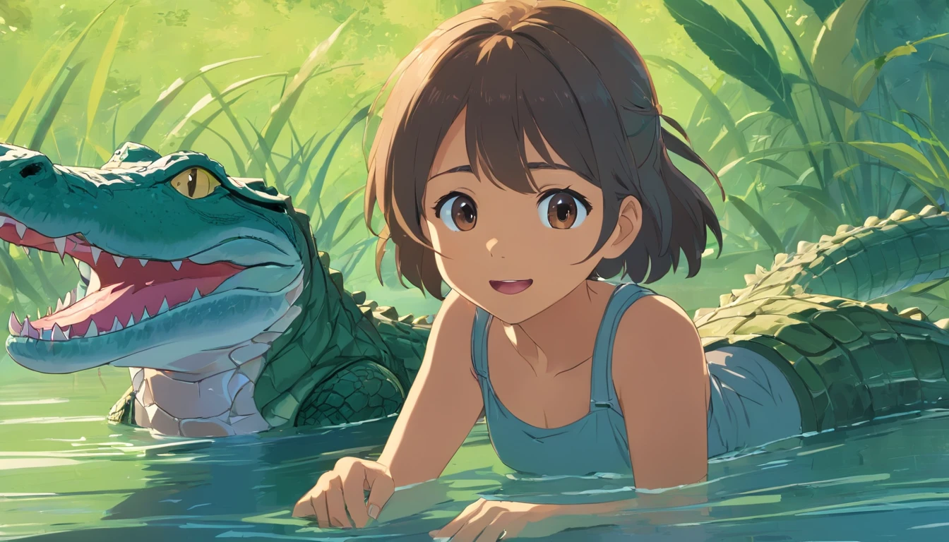 A cute, super excited Latino girl raised by alligators at school, alligator , menino , alligator , menino ,School Cartoon