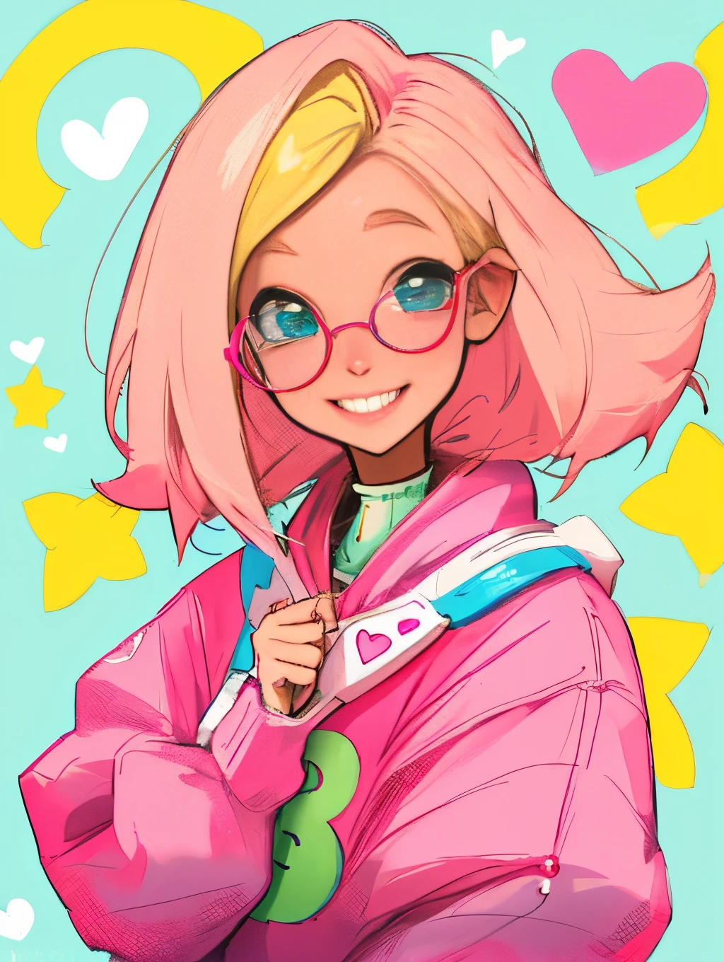 blonde and pink haired white girl with glasses and vetty smile with acnie bit cute colourful clothing style
