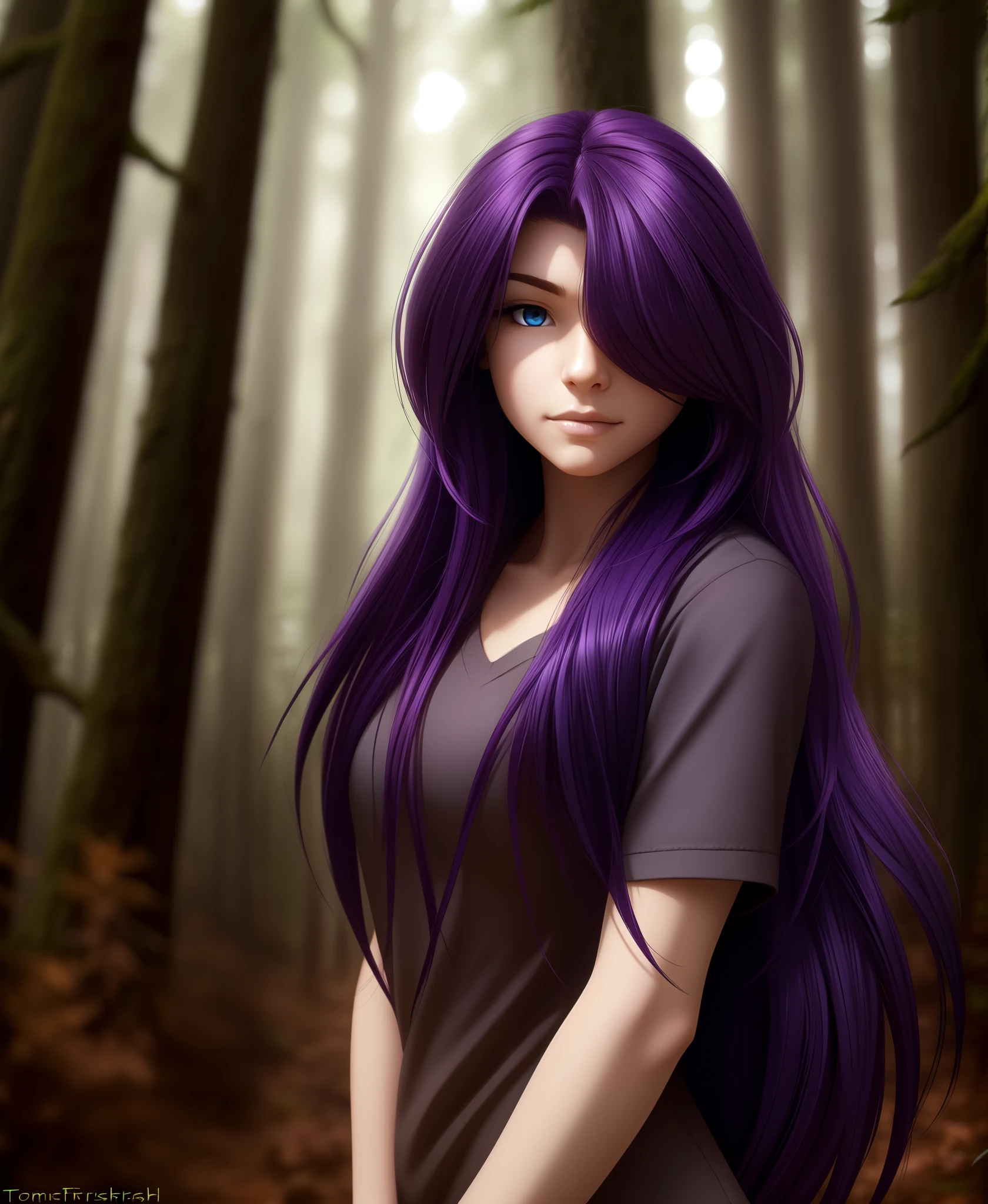 maren-taverndatter, twokinds, by tom_fischbach,, (best quality, masterpiece:1), full body ,solo, human, female human,blue eyes, purple hair, hair over eye, long hair, portrait, looking at viewer, (outdoors dark forest trees blurry blurred background:1.1),