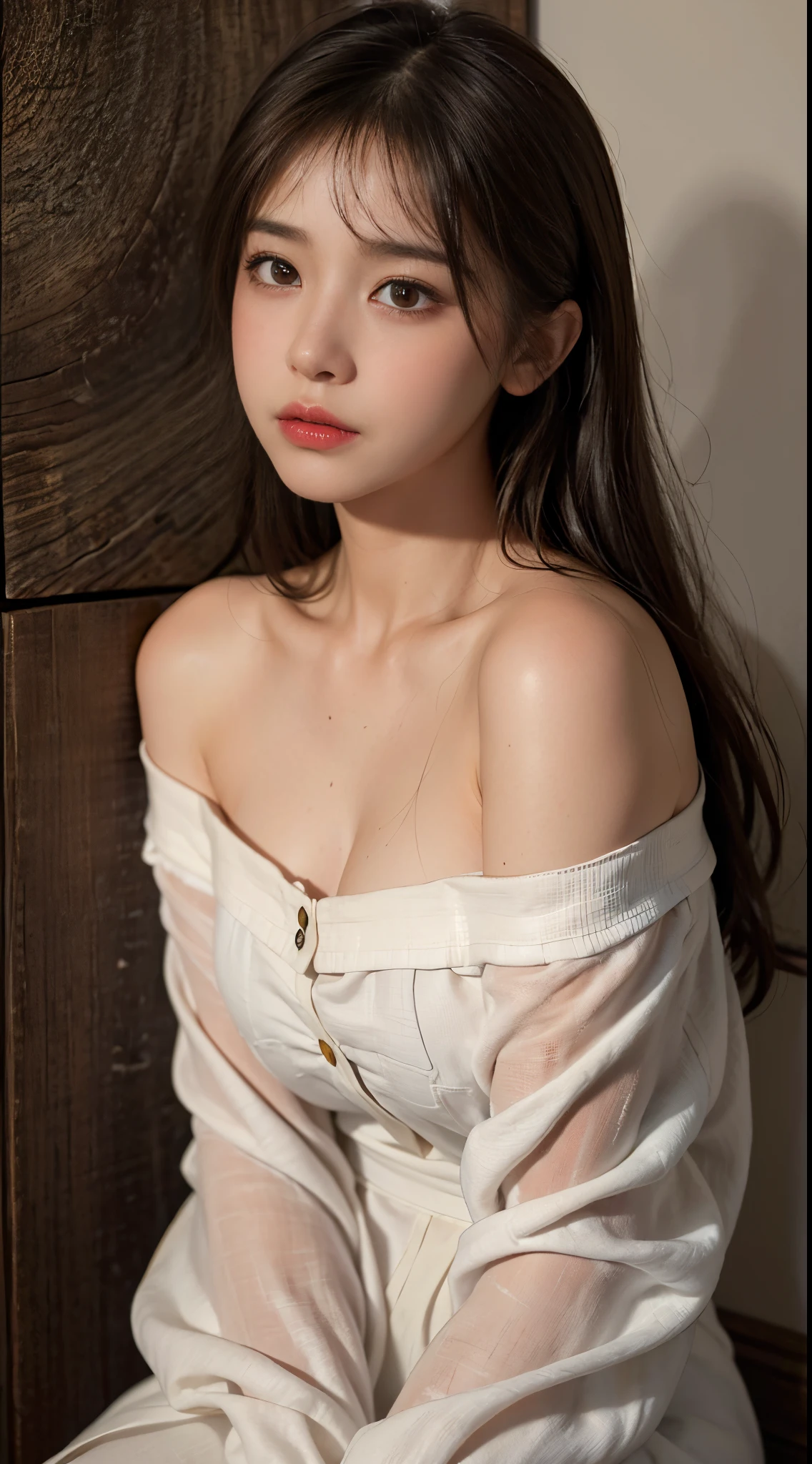 Best quality, masterpiece, ultra high res, (photorealistic:1.4), raw photo, (Authentic skin texture:1.3), (film grain:1.3), panorama, character portrait, very wide shot, narrow waist, cowboy shot, (in the dark, deep shadow, low key, cold light,) night, close-up, streaming tears,
indoor, dust, Tyndall effect, sad, disappointed, gloom (expression), sitting, (against wall), crying, frown, (head bowed), nervous, tearing up, lonely,
1girl, beautiful detailed eyes and face, white jabot, off shoulder, brown eyes,