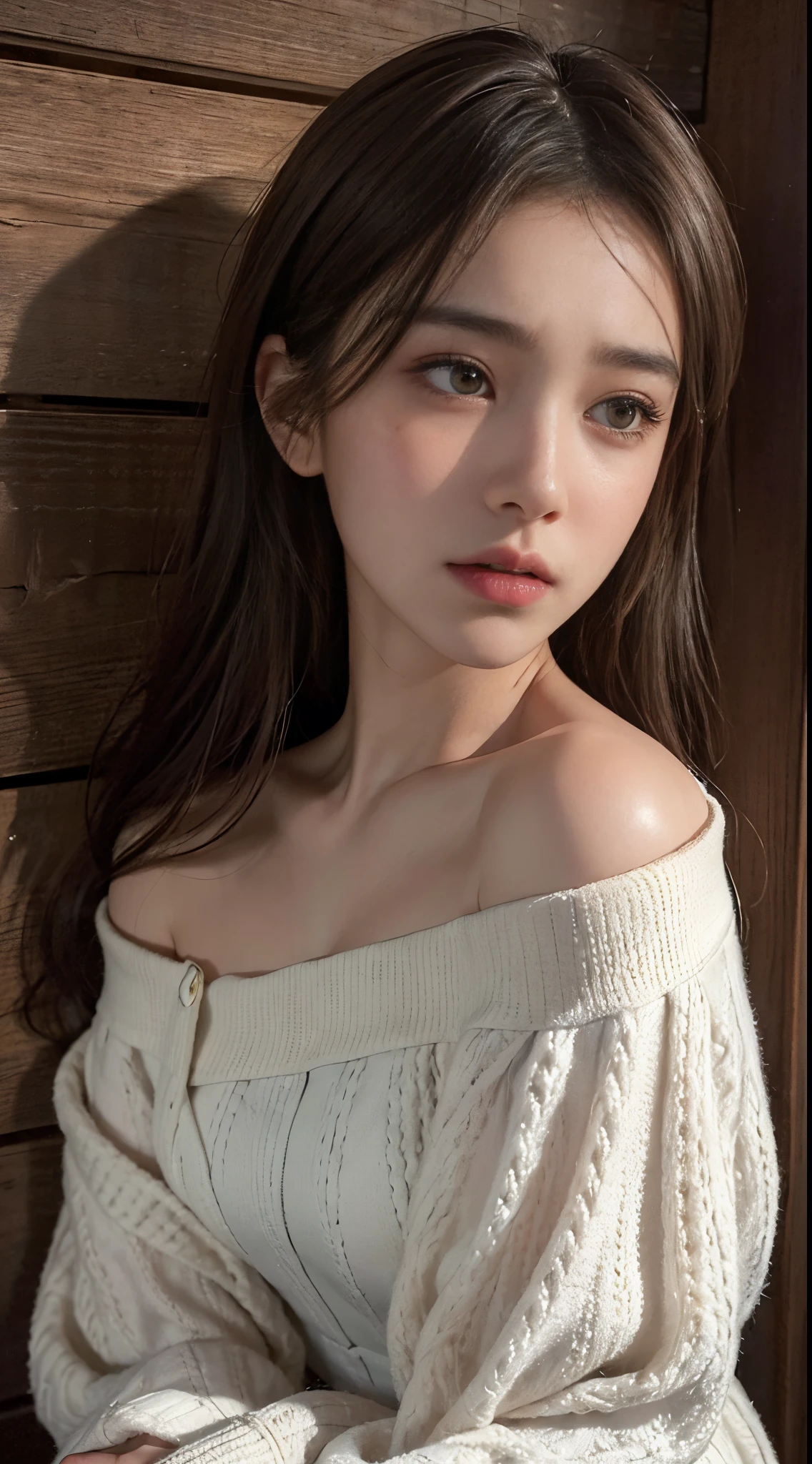 Best quality, masterpiece, ultra high res, (photorealistic:1.4), raw photo, (Authentic skin texture:1.3), (film grain:1.3), panorama, character portrait, very wide shot, narrow waist, cowboy shot, (in the dark, deep shadow, low key, cold light,) night, close-up, streaming tears,
indoor, dust, Tyndall effect, sad, disappointed, gloom (expression), sitting, (against wall), crying, frown, (head bowed), nervous, tearing up, lonely,
1girl, beautiful detailed eyes and face, white jabot, off shoulder, brown eyes,