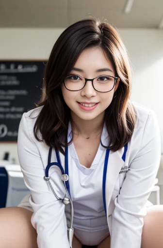 1womanl、(Super beautiful)、(beauitful face:1.5)、physician、(Dressing:1.3)、(White coat for doctors:1.5)、white shirt、(a miniskirt:1.3)、Sit in a chair in the exam room、(showing panties)、(white panties)、with spreading legs、(stethoscope)、eye glasses、(At SFW:1.1), smile face, lipstik, whole body capture, fullbody, legs wide open, open legs, eyes on camera, details eyes, beautiful eyes