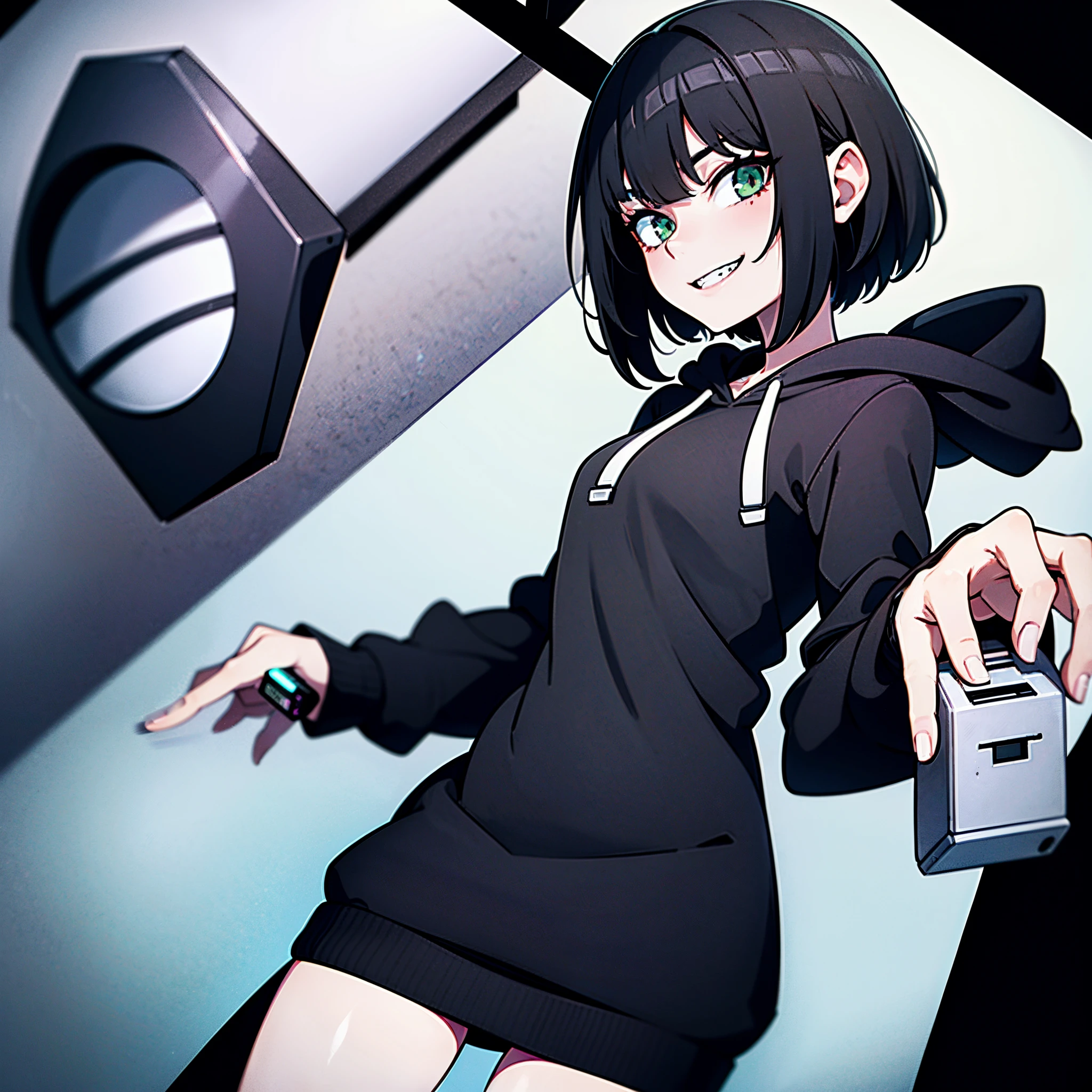 girl, young, with very short black shaggy hair style, grayish green eyes, pale skin, sadistic psychopathic smile, with black hoodie, hard drive, 4k, detailed, on a white background.