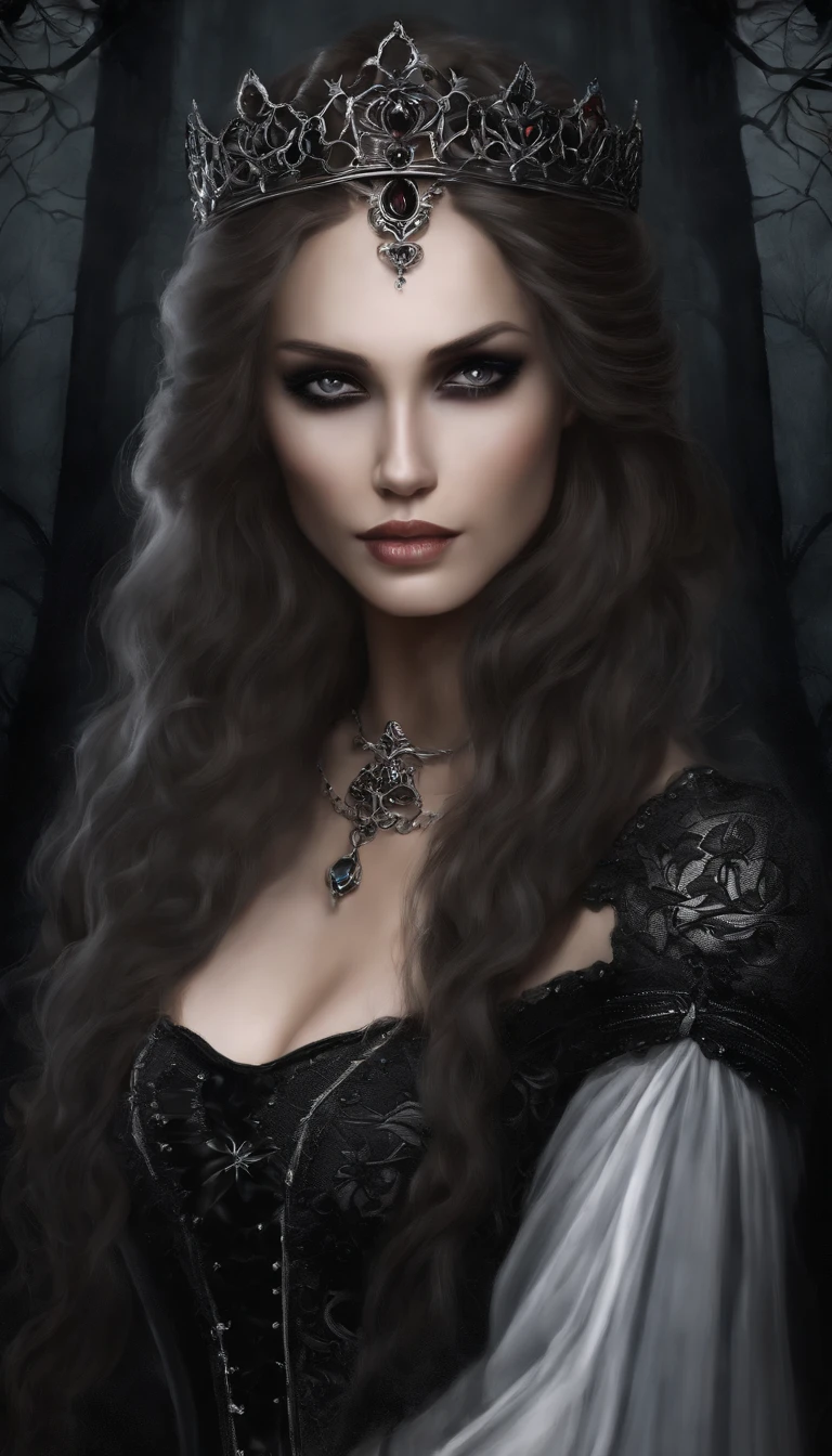 a close up of a woman with long hair and a dress, gothic maiden, gothic maiden anime girl, beautiful vampire queen, dark fantasy style art, gothic fantasy art, gothic art, beautiful vampire female queen, dark fantasy art, gothic maiden of the dark, gothic art style, vampire girl, in style of dark fantasy art, fantasy dark art, gothic princess portrait