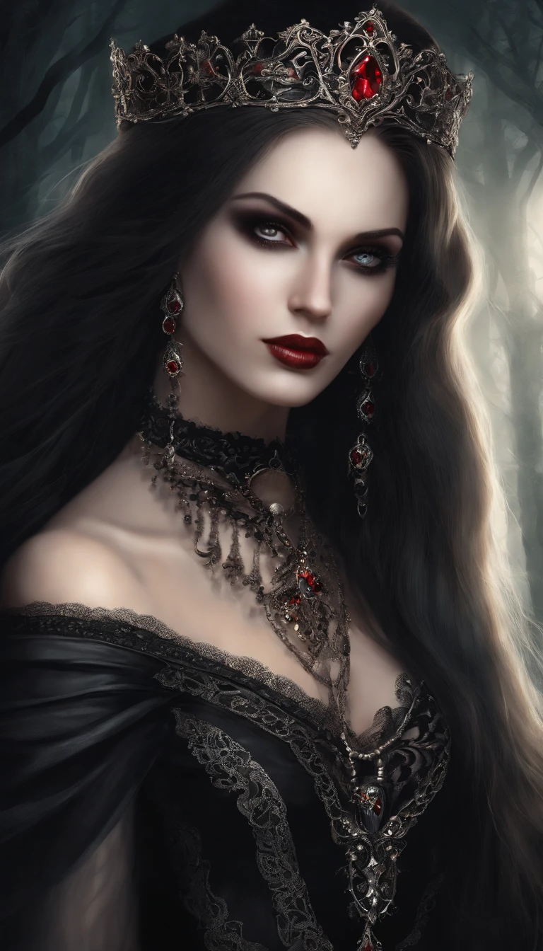 a close up of a woman with long hair and a dress, gothic maiden, gothic maiden anime girl, beautiful vampire queen, dark fantasy style art, gothic fantasy art, gothic art, beautiful vampire female queen, dark fantasy art, gothic maiden of the dark, gothic art style, vampire girl, in style of dark fantasy art, fantasy dark art, gothic princess portrait