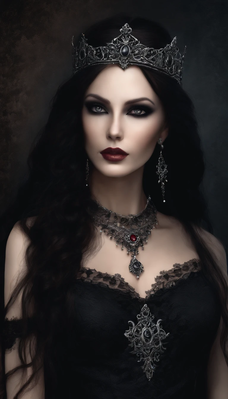 a close up of a woman with long hair and a dress, gothic maiden, gothic maiden anime girl, beautiful vampire queen, dark fantasy style art, gothic fantasy art, gothic art, beautiful vampire female queen, dark fantasy art, gothic maiden of the dark, gothic art style, vampire girl, in style of dark fantasy art, fantasy dark art, gothic princess portrait