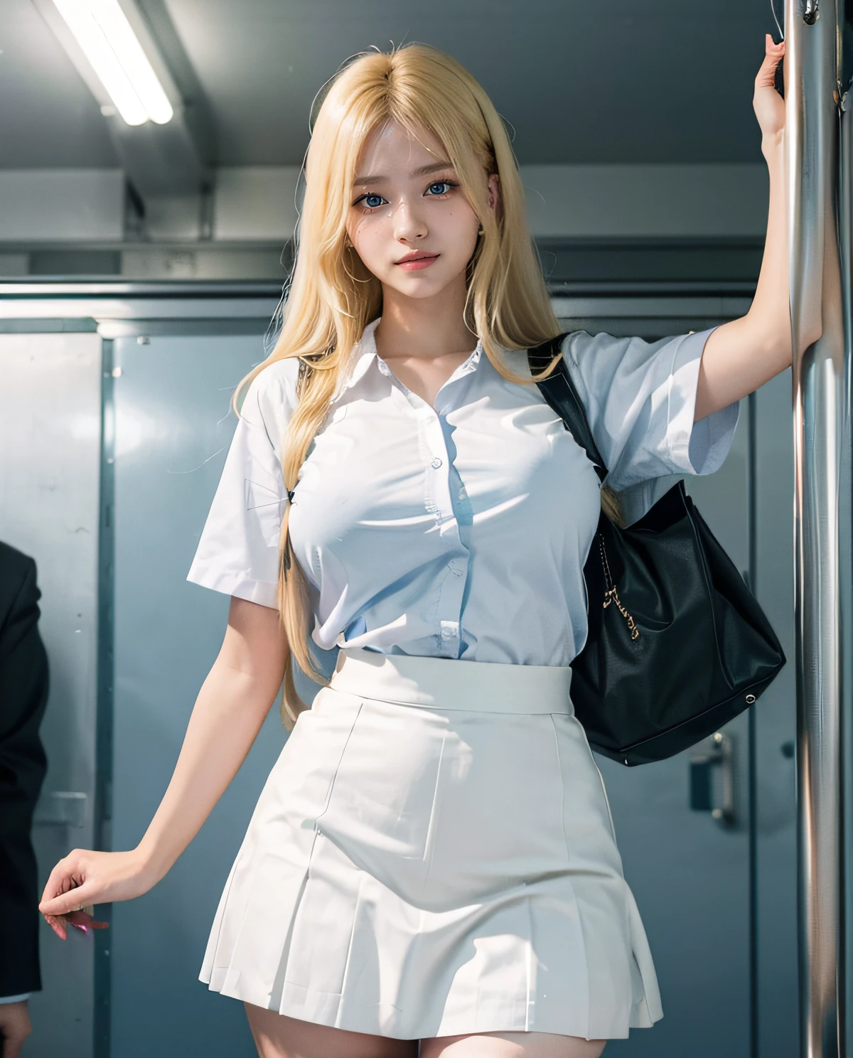 1girl, (Blue eyes), (smile), (Sana Minatozaki), wide hips, Big Boobs, big ass, (Best Quality, 8k, Masterpiece: 1.3), perfect hands, Clear Focus: 1.2, Perfect Body Beauty: 1.4 , Slender Abs: 1.2, Highly detailed face and skin texture, detailed eyes, double eyelids, (blonde long hair), (white dress shirt :1.2), ((japanese school uniform)), ((schoolgirl :1.3)), Crowded train, handsome man holding her from behind and talking in her ear, lifting her, white mini skirt swinging upwards, older man leaning against her from behind picking her up, varied poses