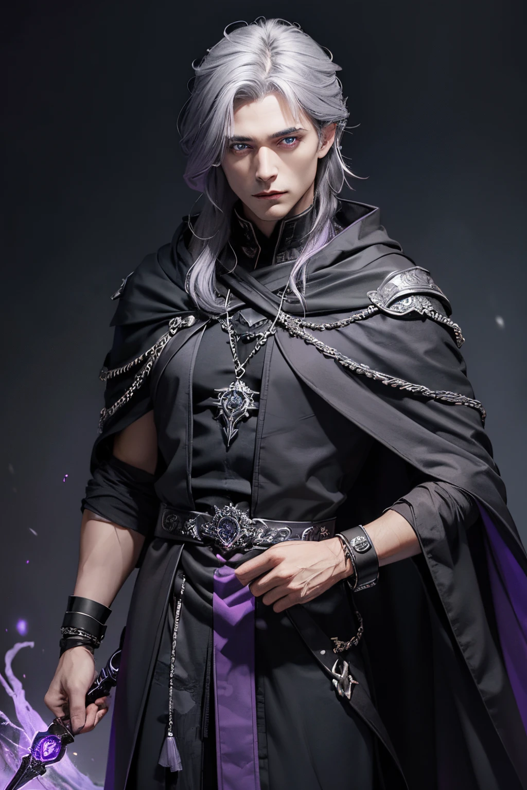 Male dark wizard,grey hair,violet eye,bracelet jewel violet,black shoulder cloak,dark grey costume black line