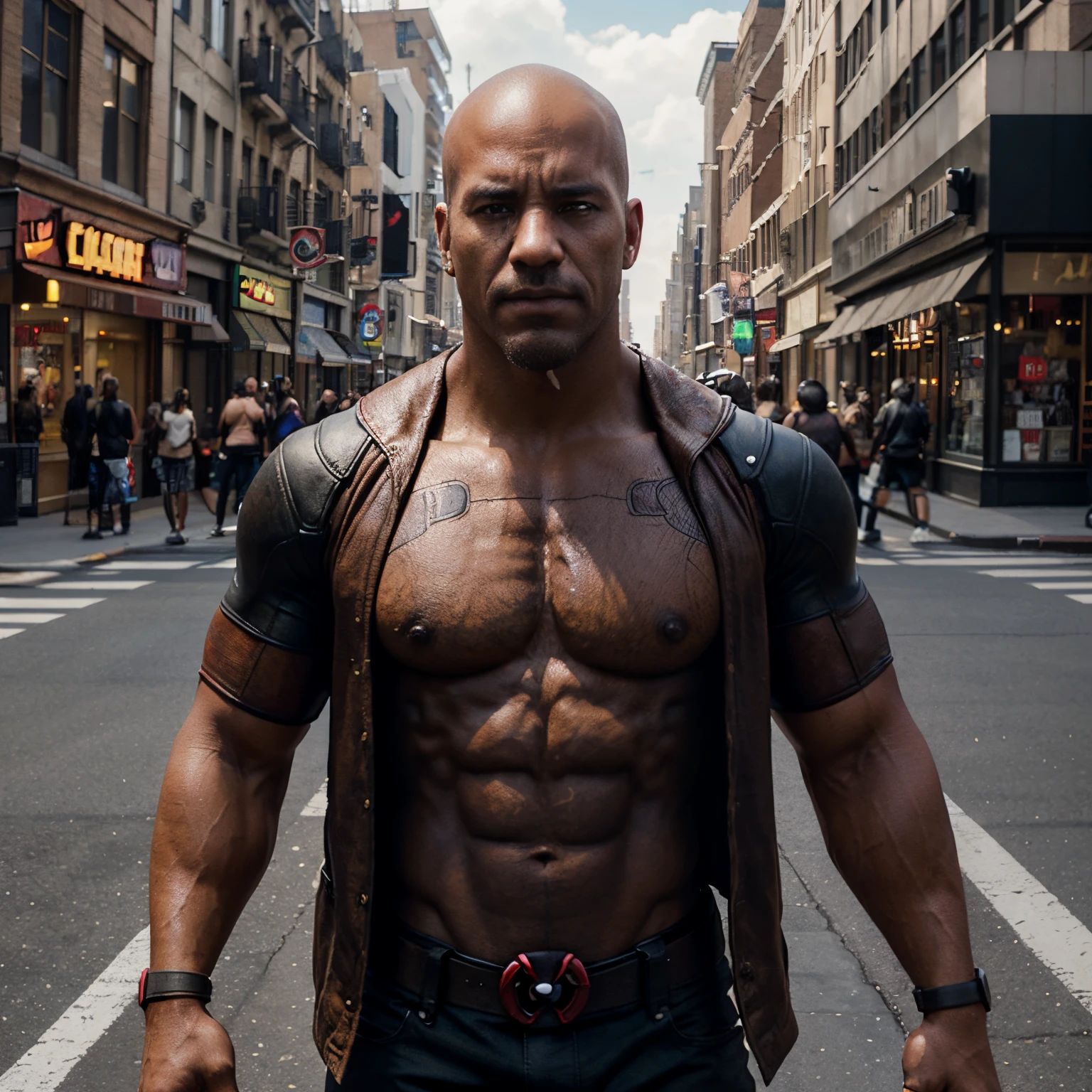 Deadpool,
custom t-shirt, realistic brown body, bodybuilder, giant, fashionable jacket, street, real life, details, highly detailed, cinematic, professional photography, 8k, unreal 5.3D engine, digital painting, digital aa 16k hyper-realistic and ultra-detailed design, highly very realistic, New York street.