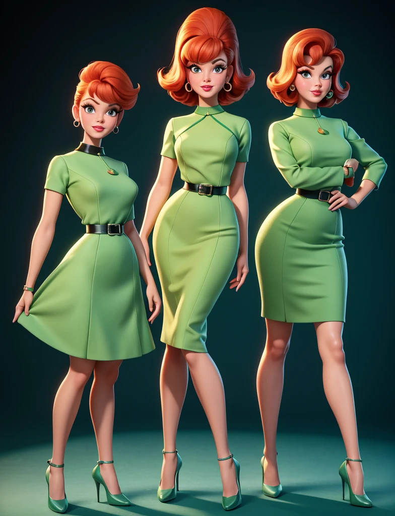 Full body shot. Cute redhead woman in the style of 1960s Rankin Bass 3D animation, 1960s flip hair, full figure, wasp waist, wearing a green dress and matching high heels in Dr. Frankenstein's lab. 1960s 3D.